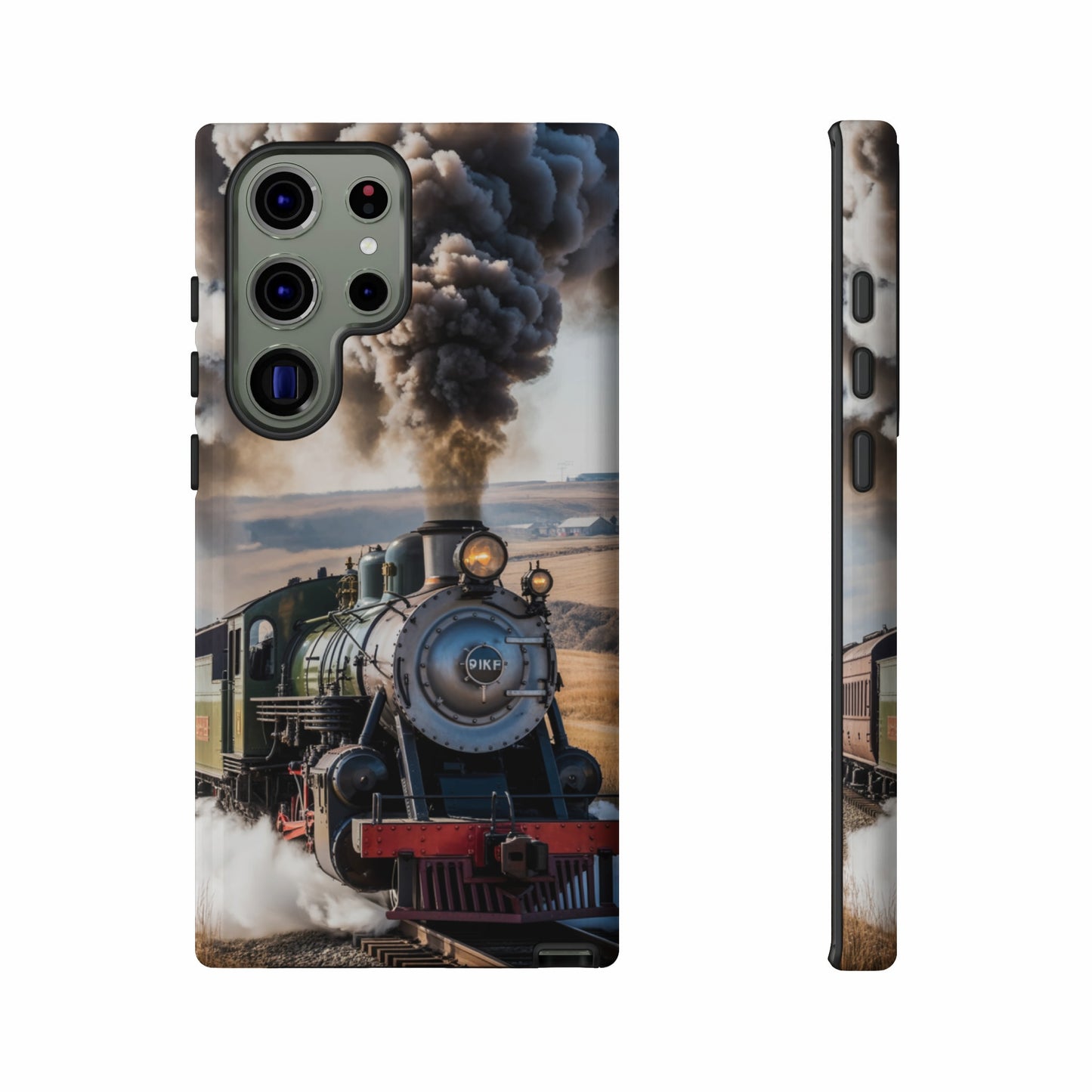 Steam train with smoke billowing, viewed from front and side.