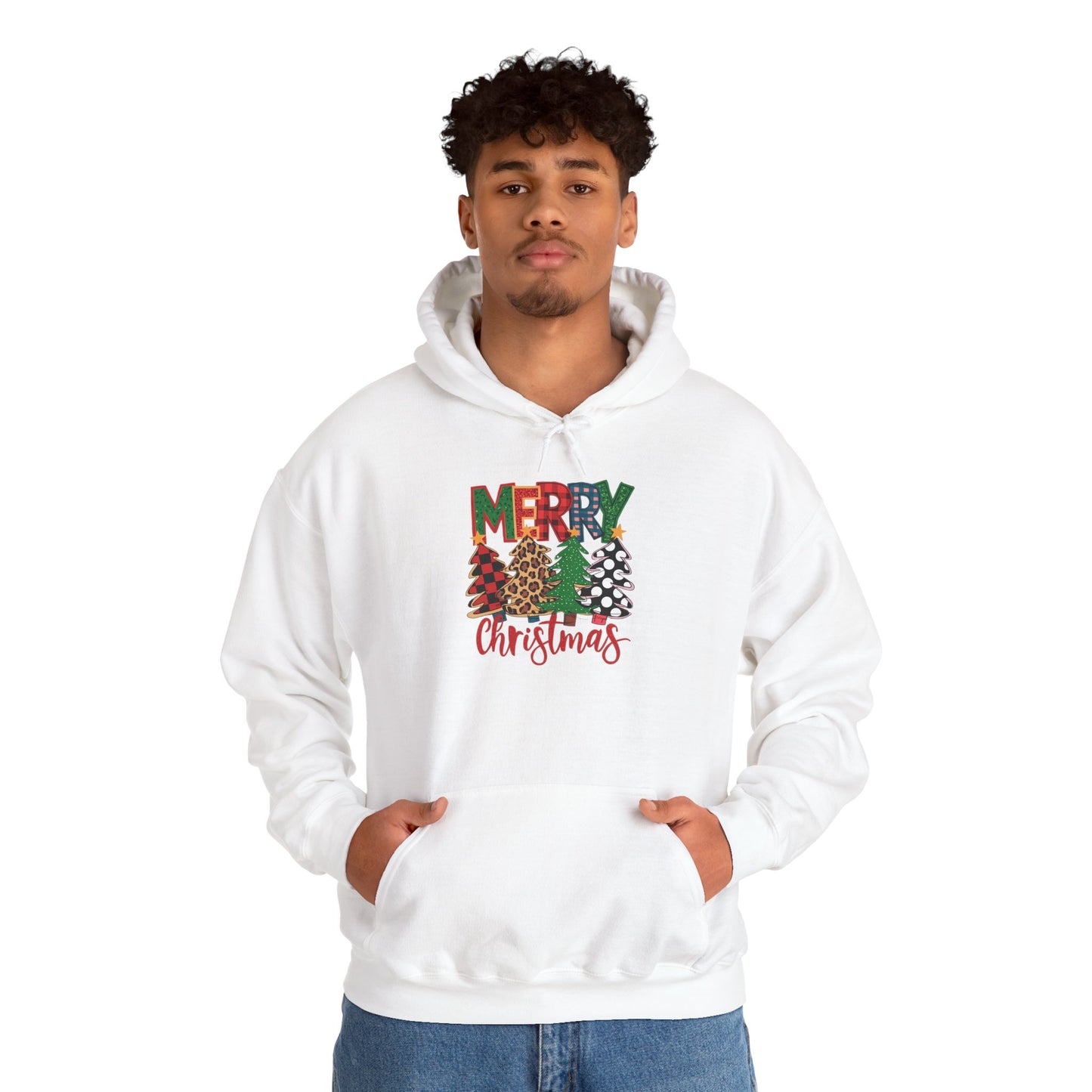 Embroidered Christmas Trees 'Merry Christmas' Hoodie - Holiday Plaid & Buffalo Check