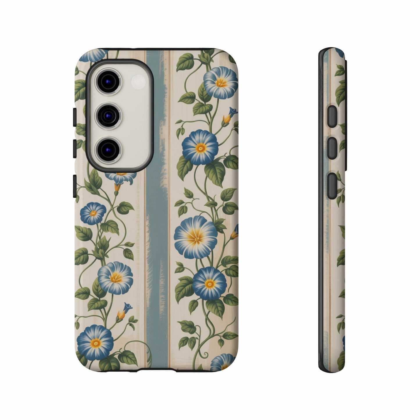 Phone case with blue morning glory flowers and vertical green stripes.