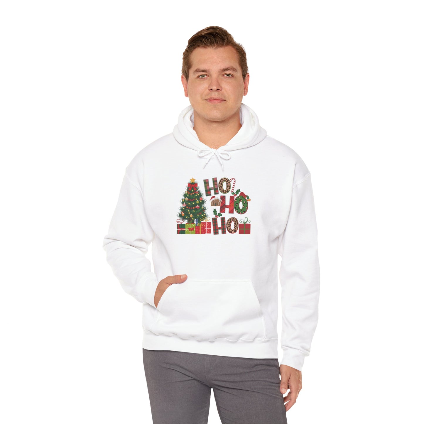 Embroidered Ho Ho Ho Christmas Hoodie – Festive Tree & Gifts Holiday Sweatshirt