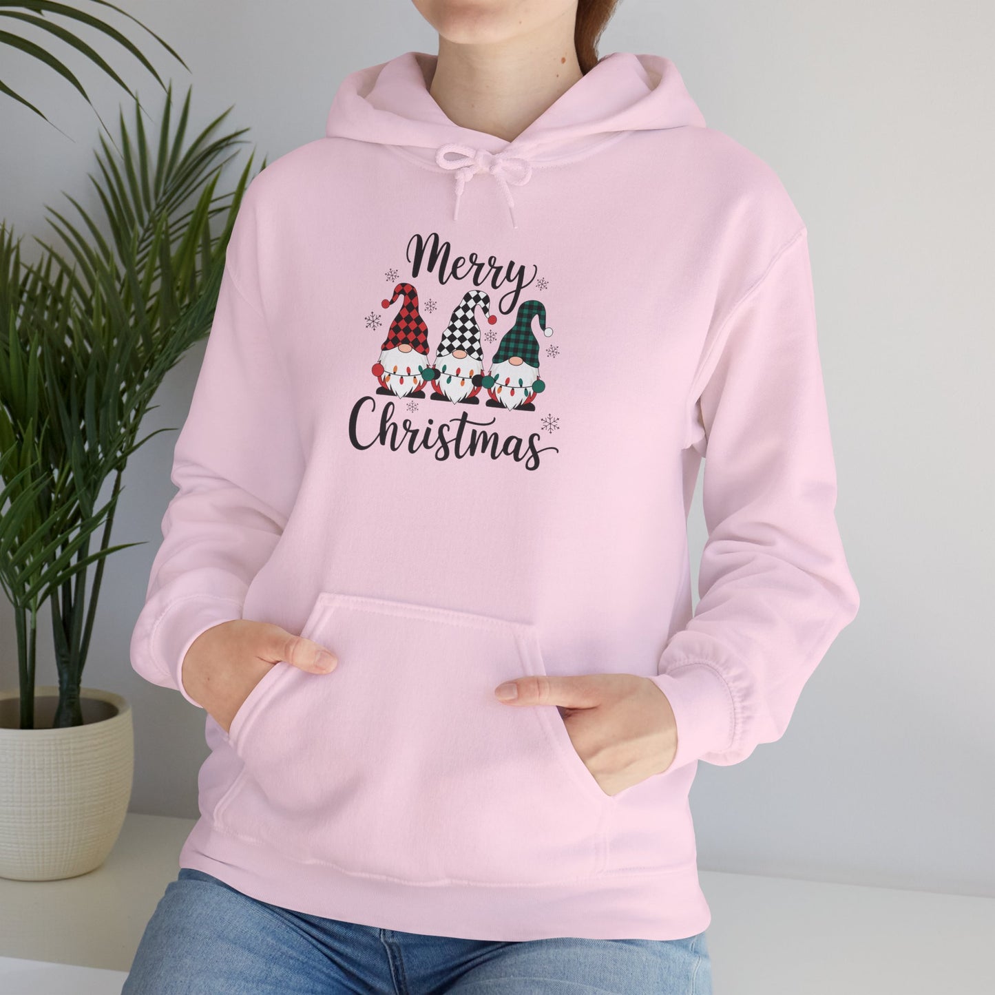 Embroidered Merry Christmas Gnomes Hoodie — Festive Plaid Holiday Pullover