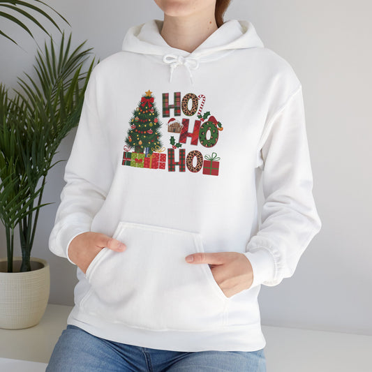 Embroidered Ho Ho Ho Christmas Hoodie – Festive Tree & Gifts Holiday Sweatshirt