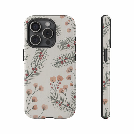 Floral and pine needle pattern phone case in beige with camera cutout.