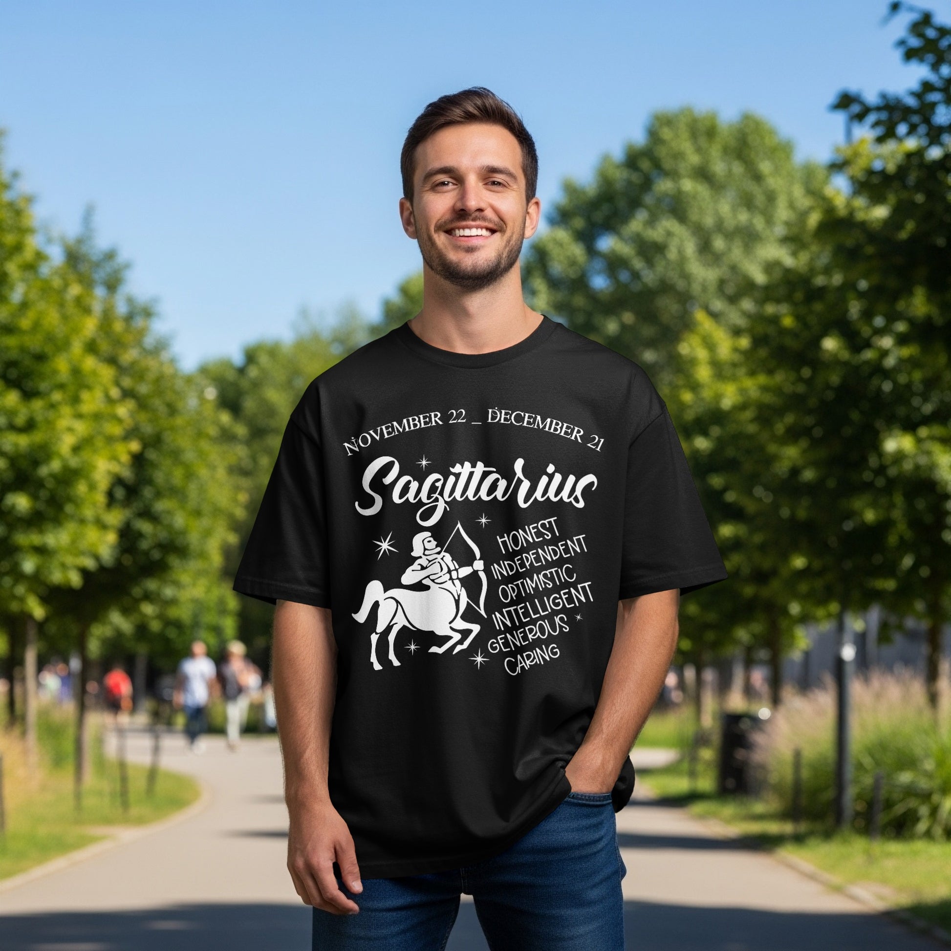 Sagittarius Zodiac Sign T-Shirt with Horoscope Text Display