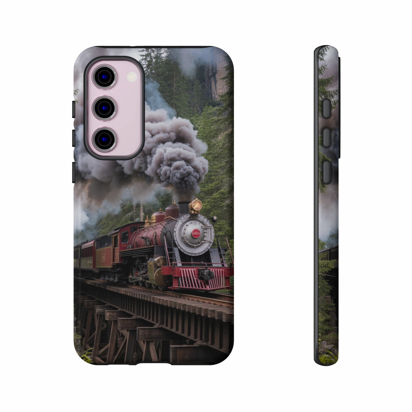 Steam train on a wooden trestle bridge with forested background.