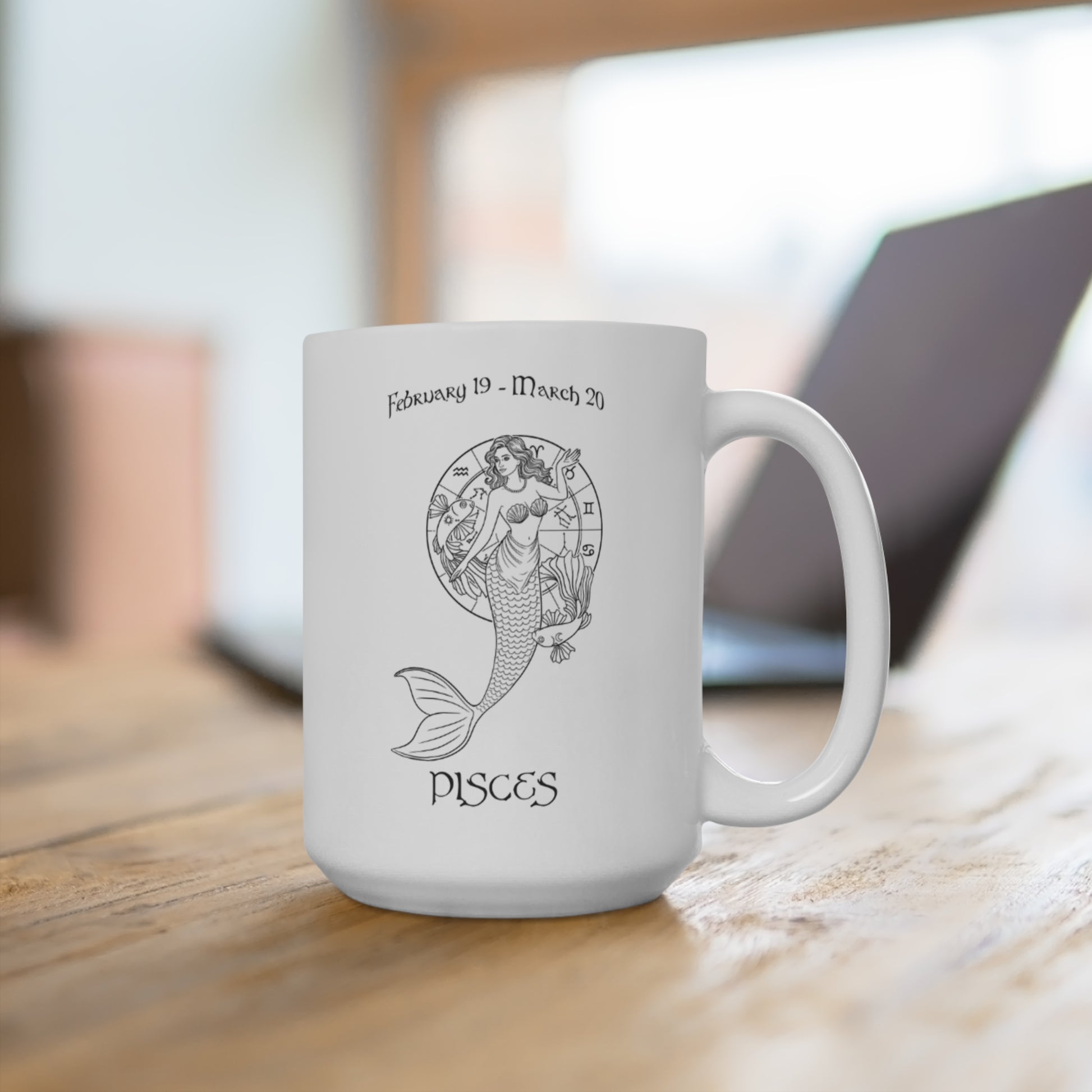 Paste: Pisces Zodiac Goddess Mug with celestial fish design and February 19 - March 20 dates

