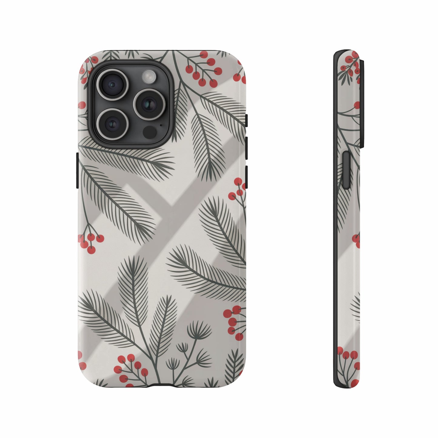 Phone case with a neutral background and red berries and pine needles.