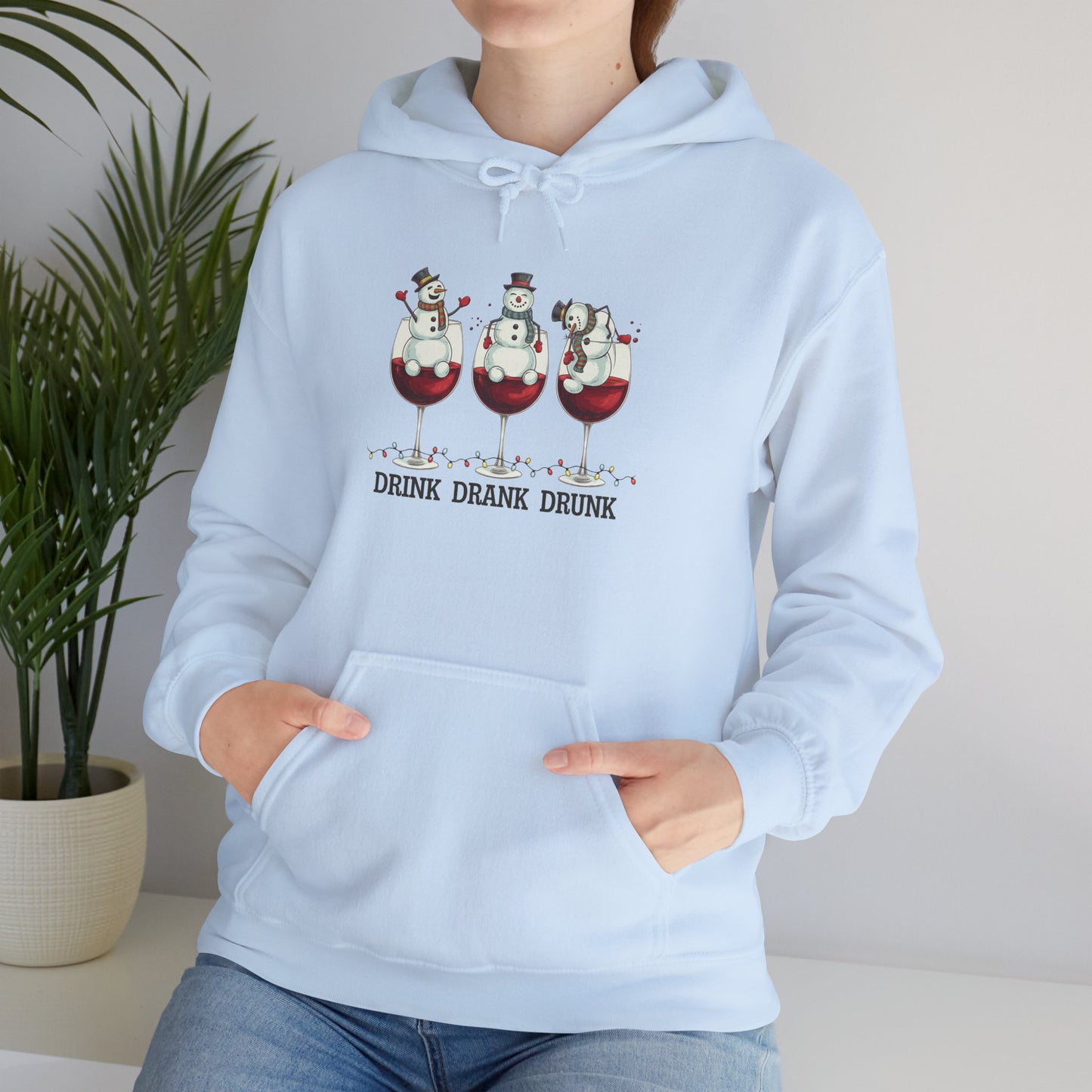 Embroidered Drink, Drank, Drunk Hoodie — Funny Christmas Snowmen Wine Sweatshirt