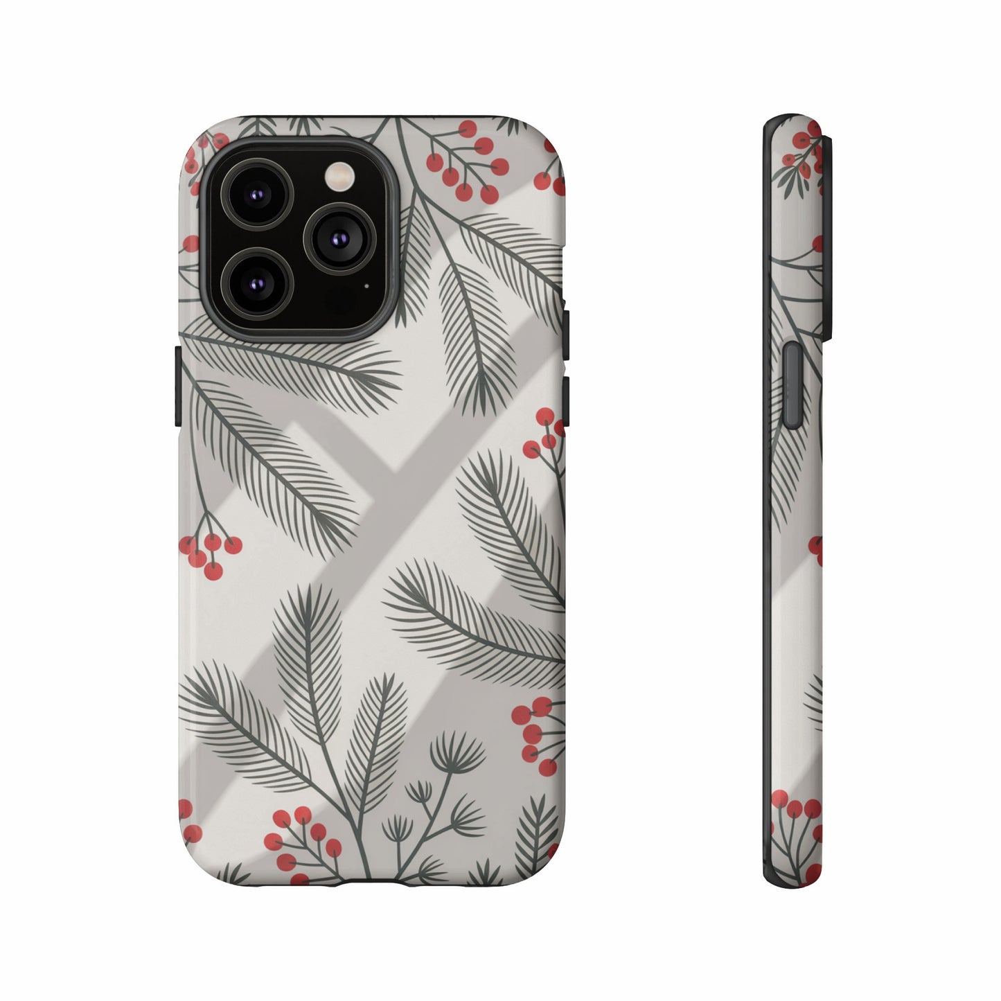 iPhone case with a red berry and pine branch holiday design.