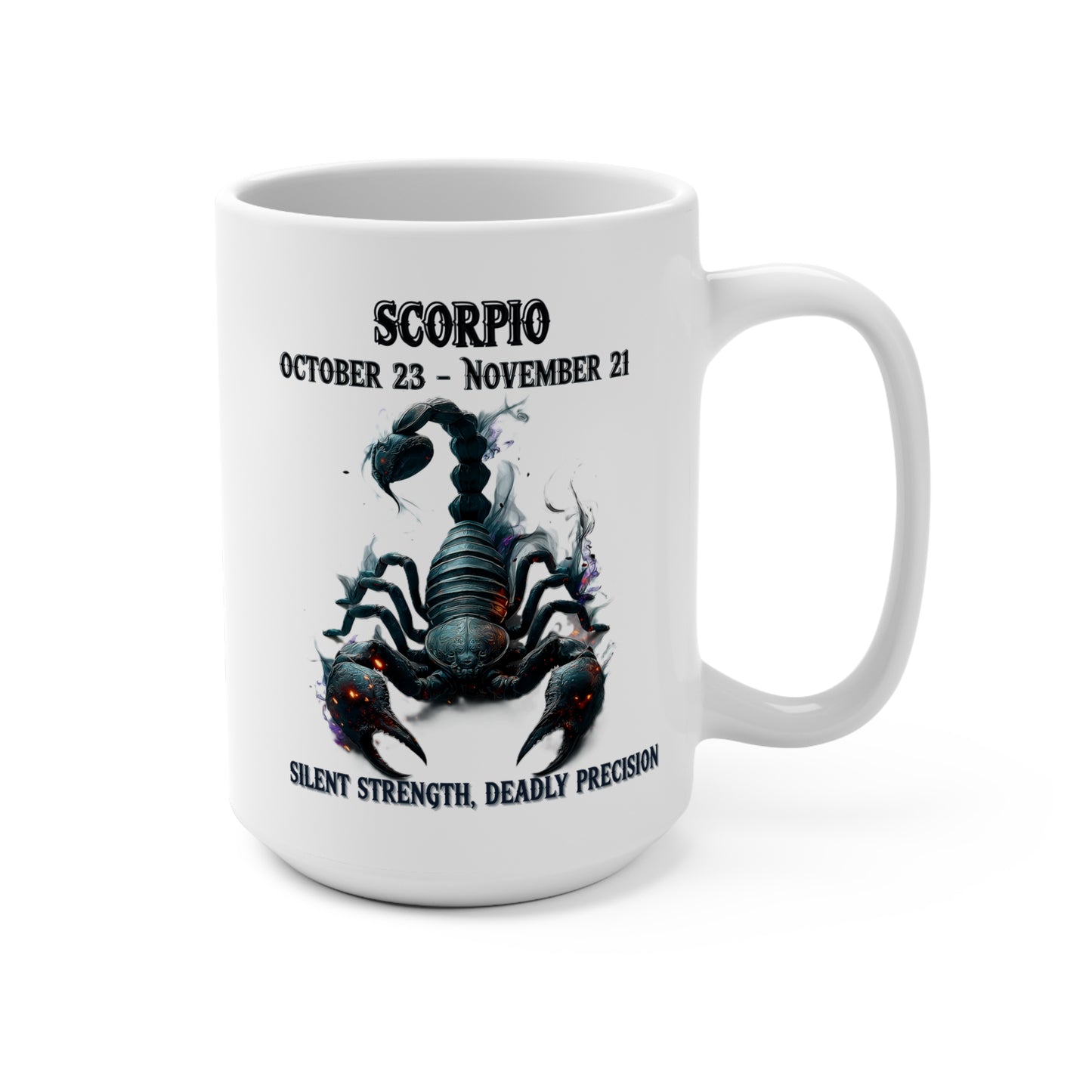 White mug with Scorpio zodiac design and text on a white background