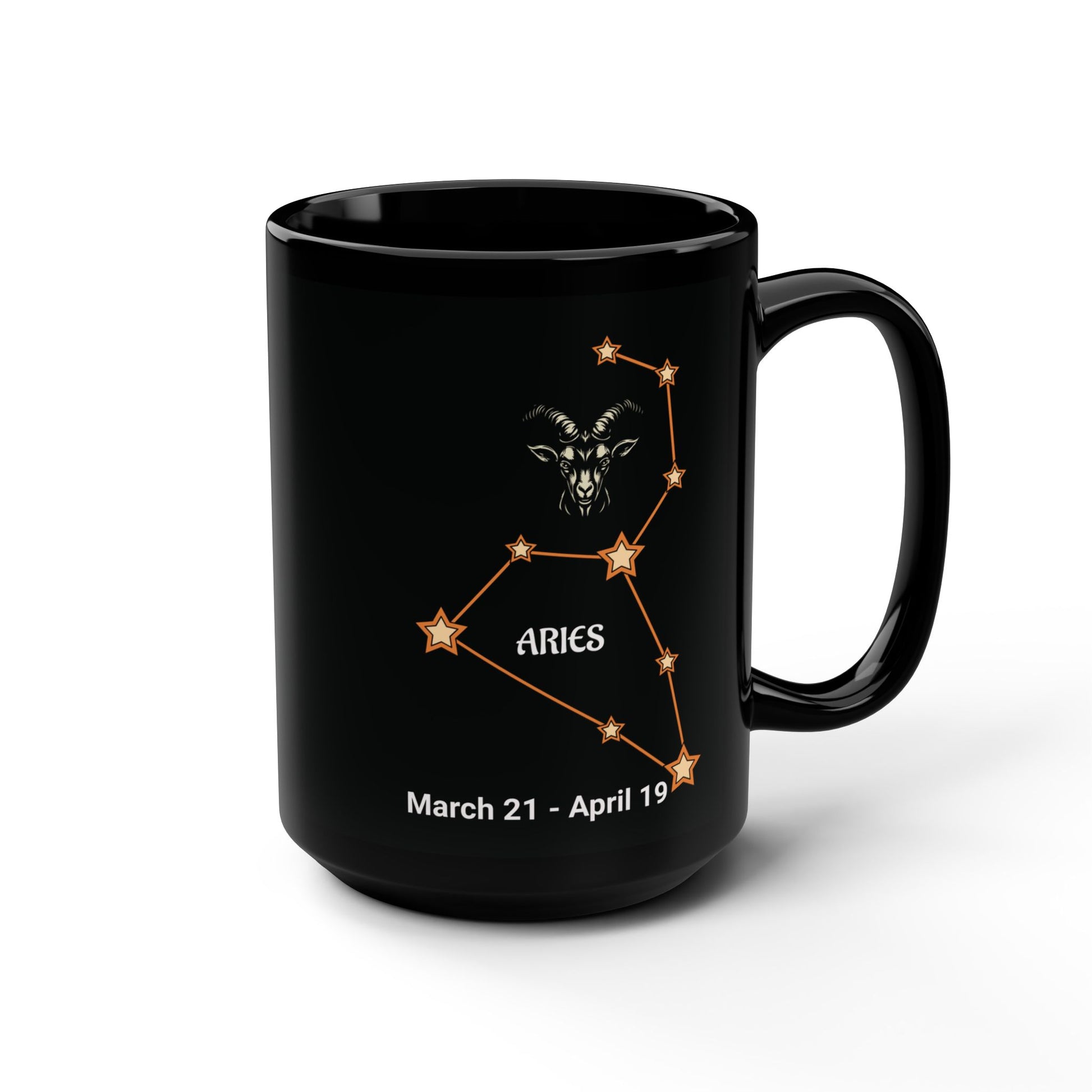 Black mug with Aries constellation design on a white background