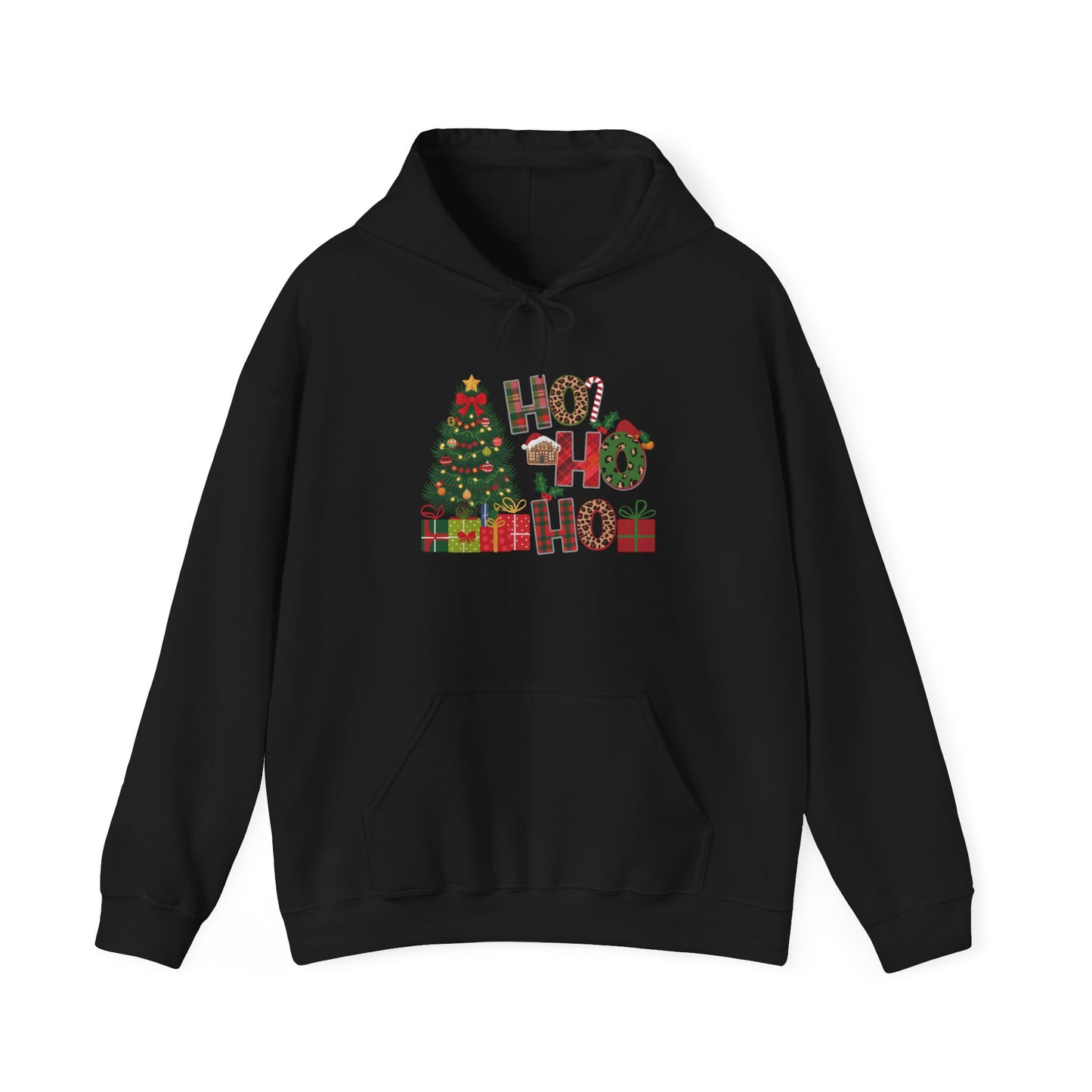 Embroidered Ho Ho Ho Christmas Hoodie – Festive Tree & Gifts Holiday Sweatshirt