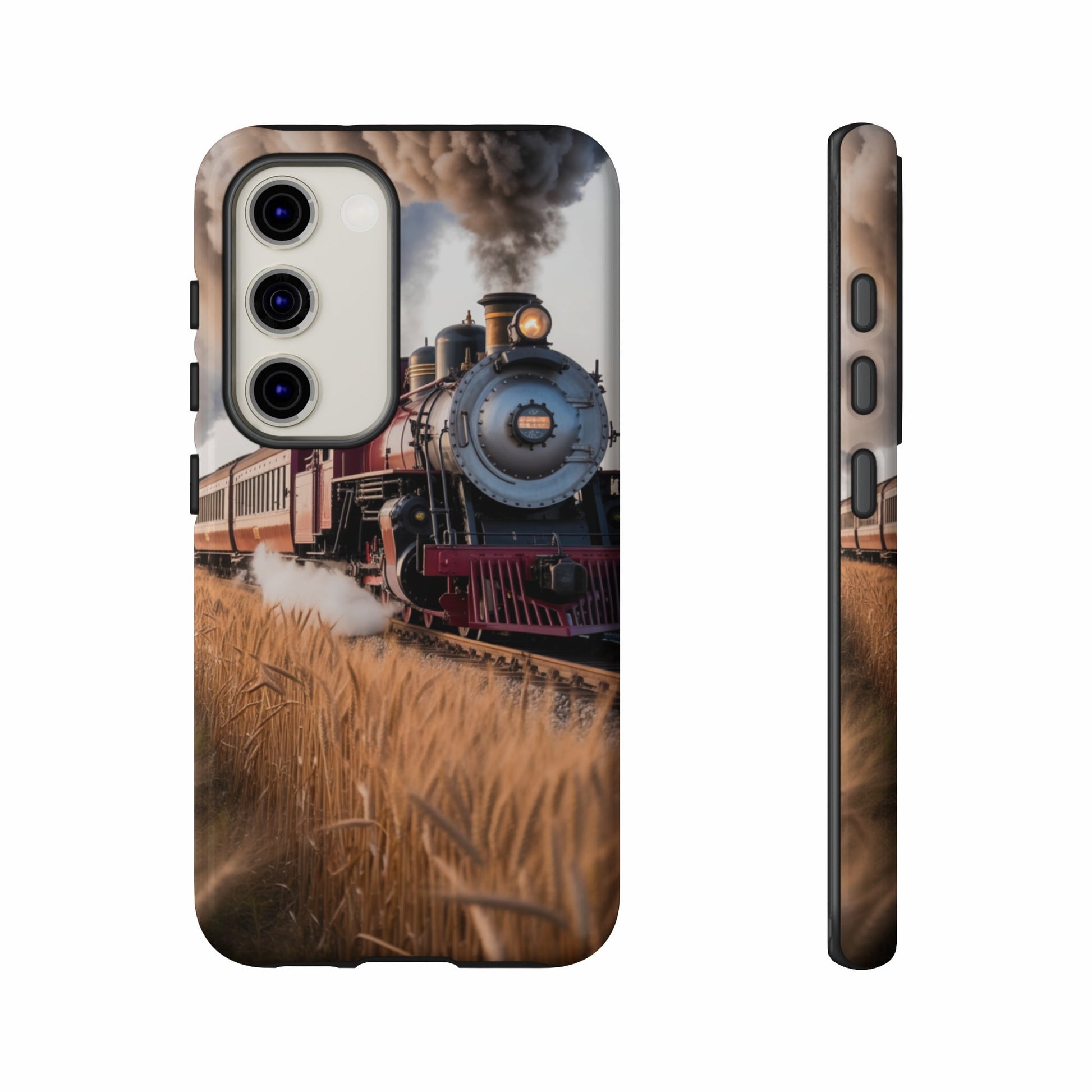 Phone case showing steam train in field, shown from front and side.