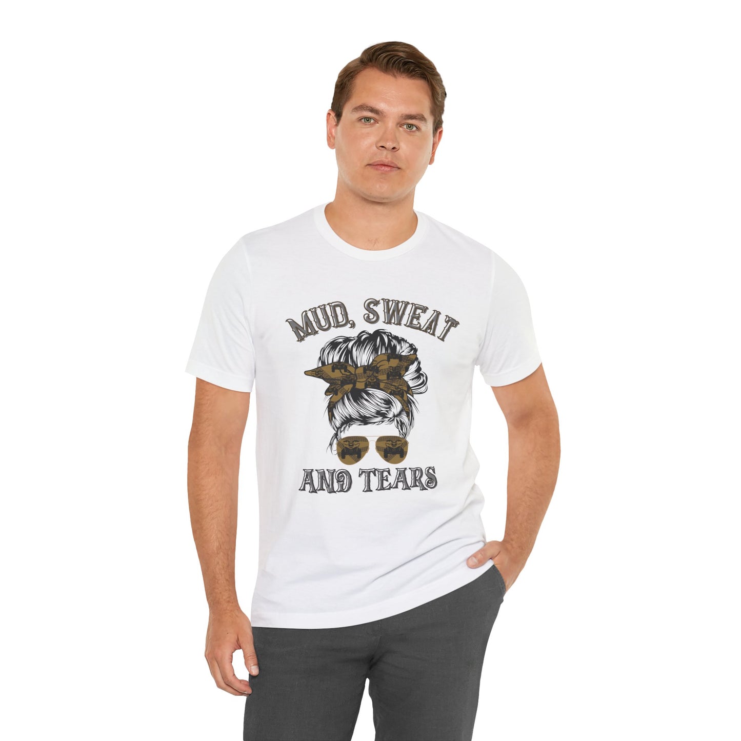 Man wearing a white t-shirt with graphic design and text on a white background