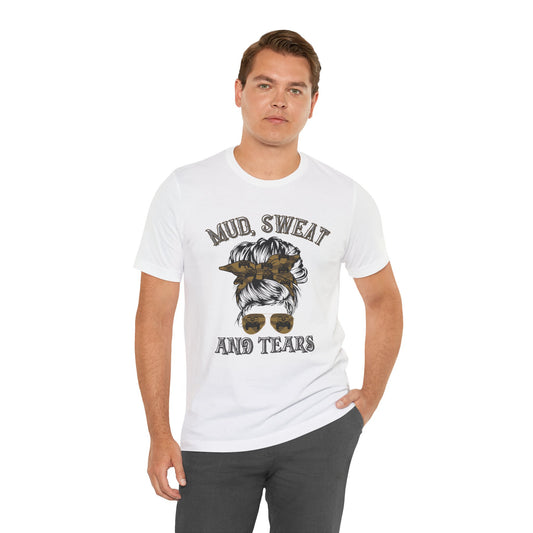Man wearing a white t-shirt with graphic design and text on a white background