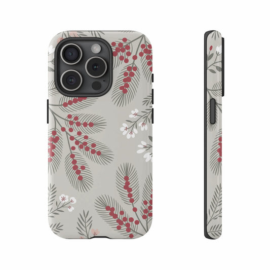 Phone case with red berries and white flowers on a gray background.