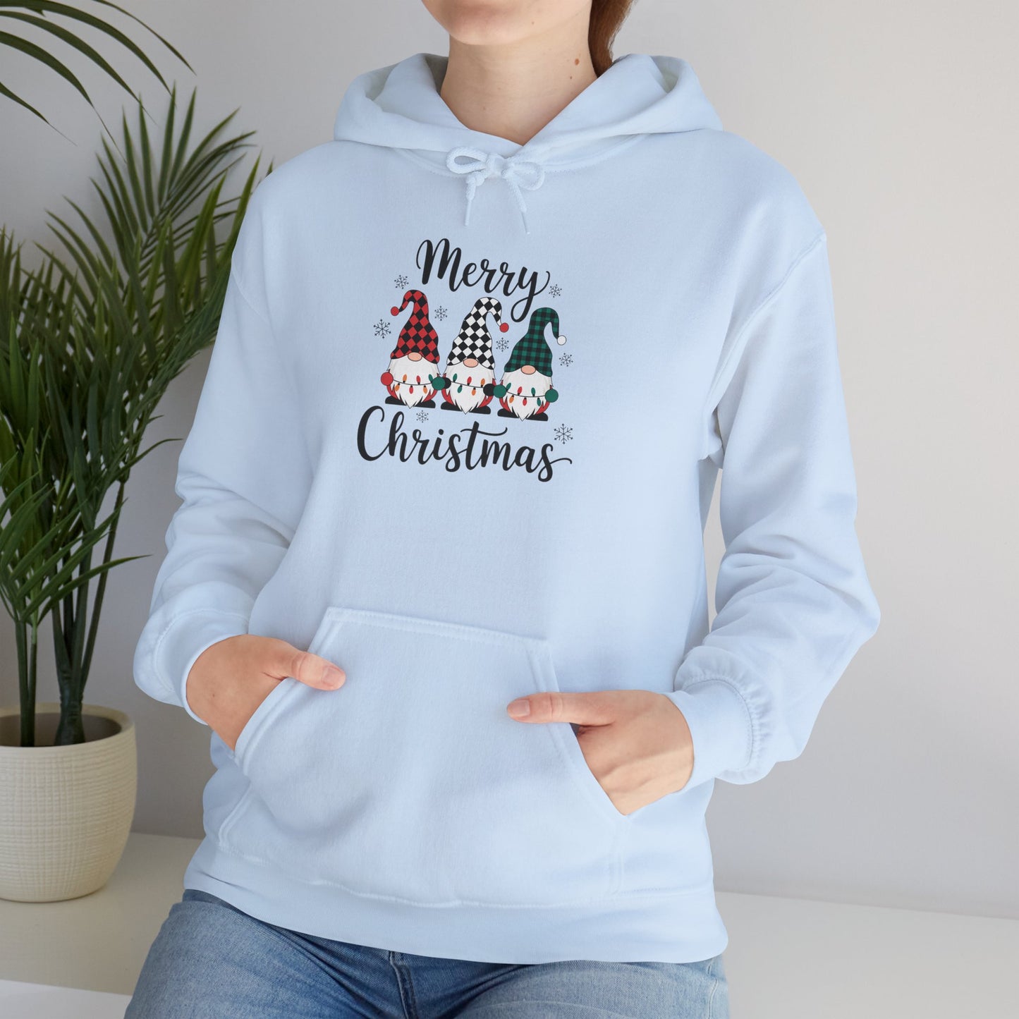 Embroidered Merry Christmas Gnomes Hoodie — Festive Plaid Holiday Pullover