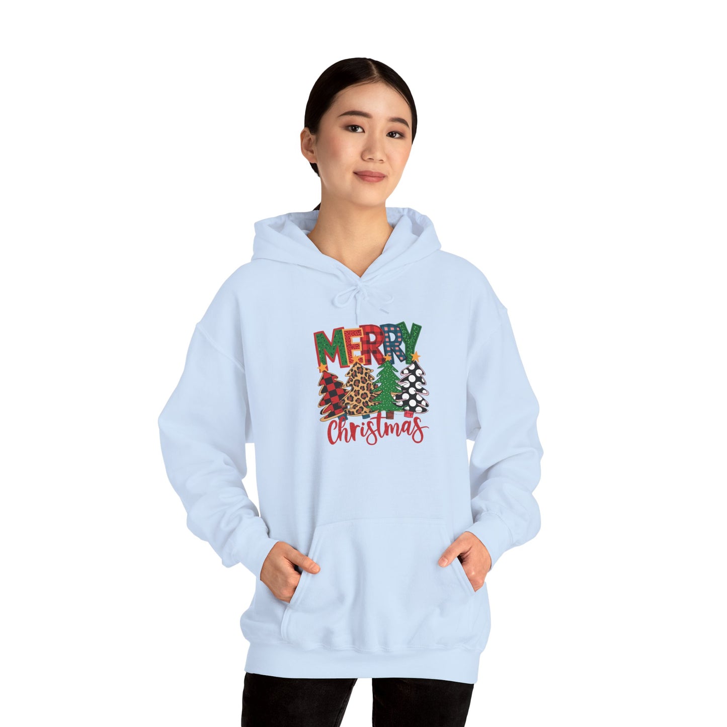 Embroidered Christmas Trees 'Merry Christmas' Hoodie - Holiday Plaid & Buffalo Check