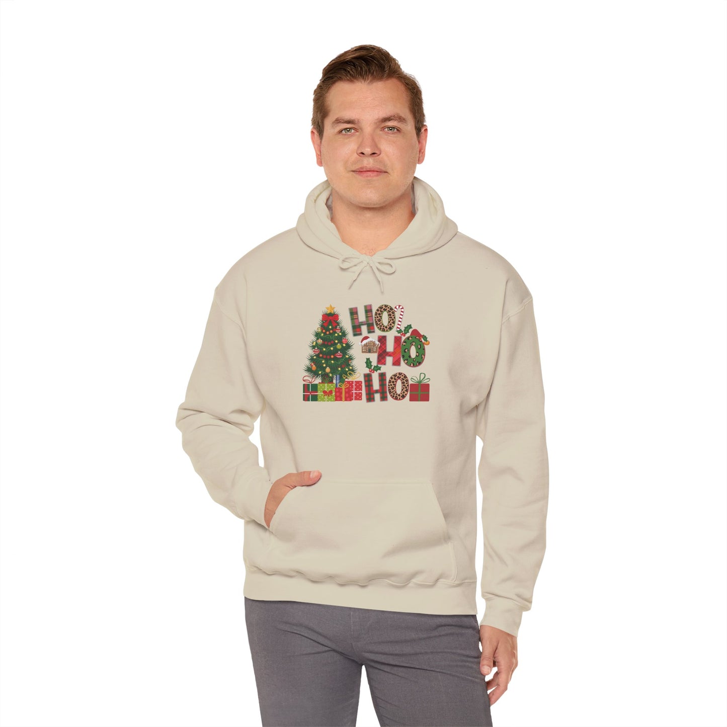 Embroidered Ho Ho Ho Christmas Hoodie – Festive Tree & Gifts Holiday Sweatshirt