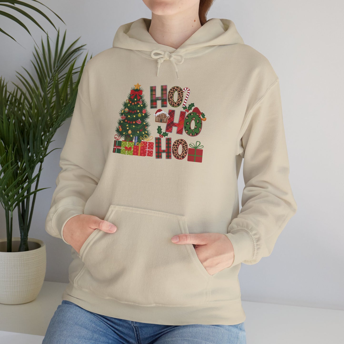 Embroidered Ho Ho Ho Christmas Hoodie – Festive Tree & Gifts Holiday Sweatshirt