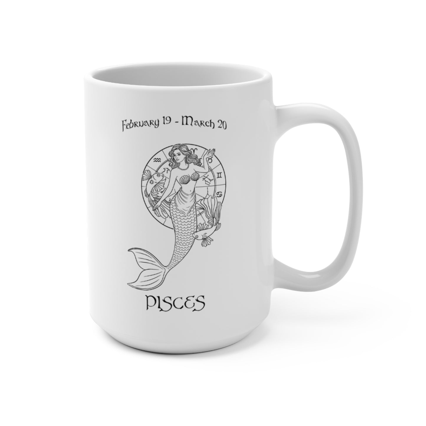 Pisces Zodiac Goddess Mug with celestial fish design and February 19 - March 20 dates

