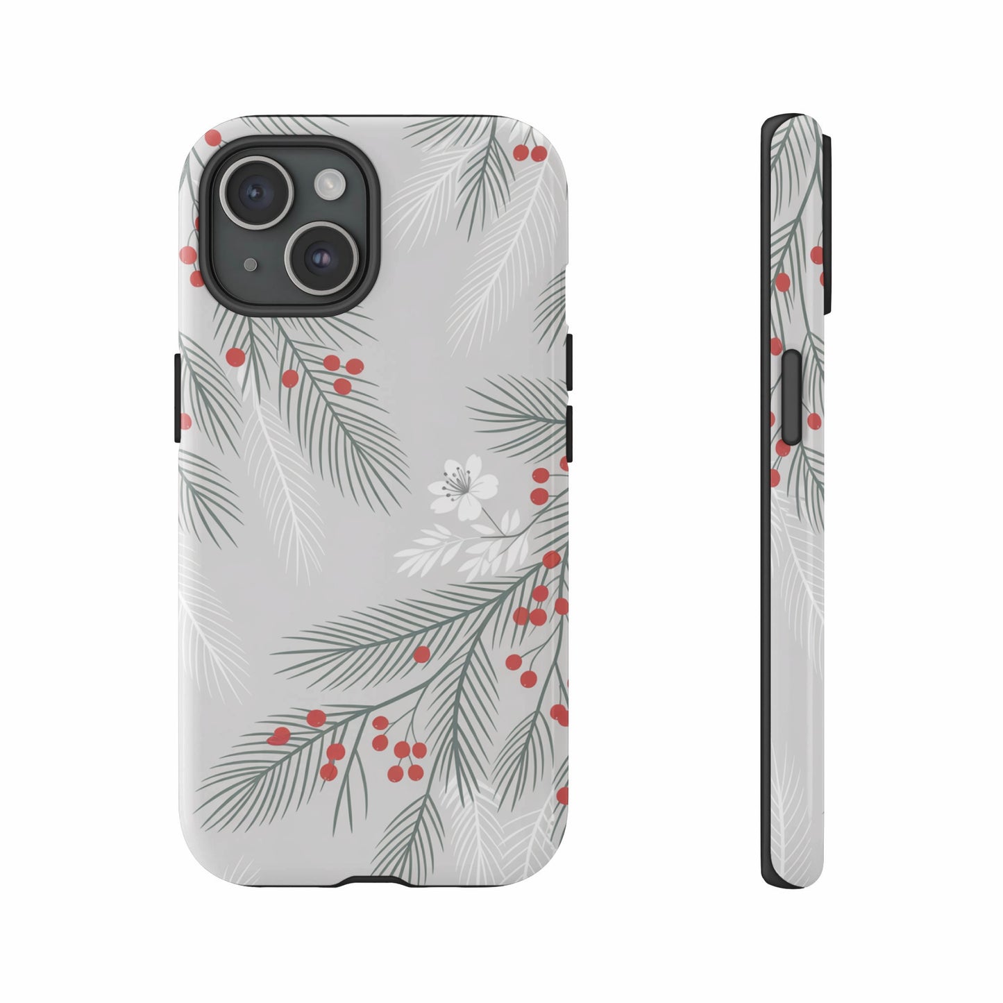 Phone case with a white and gray evergreen branch and berry pattern.