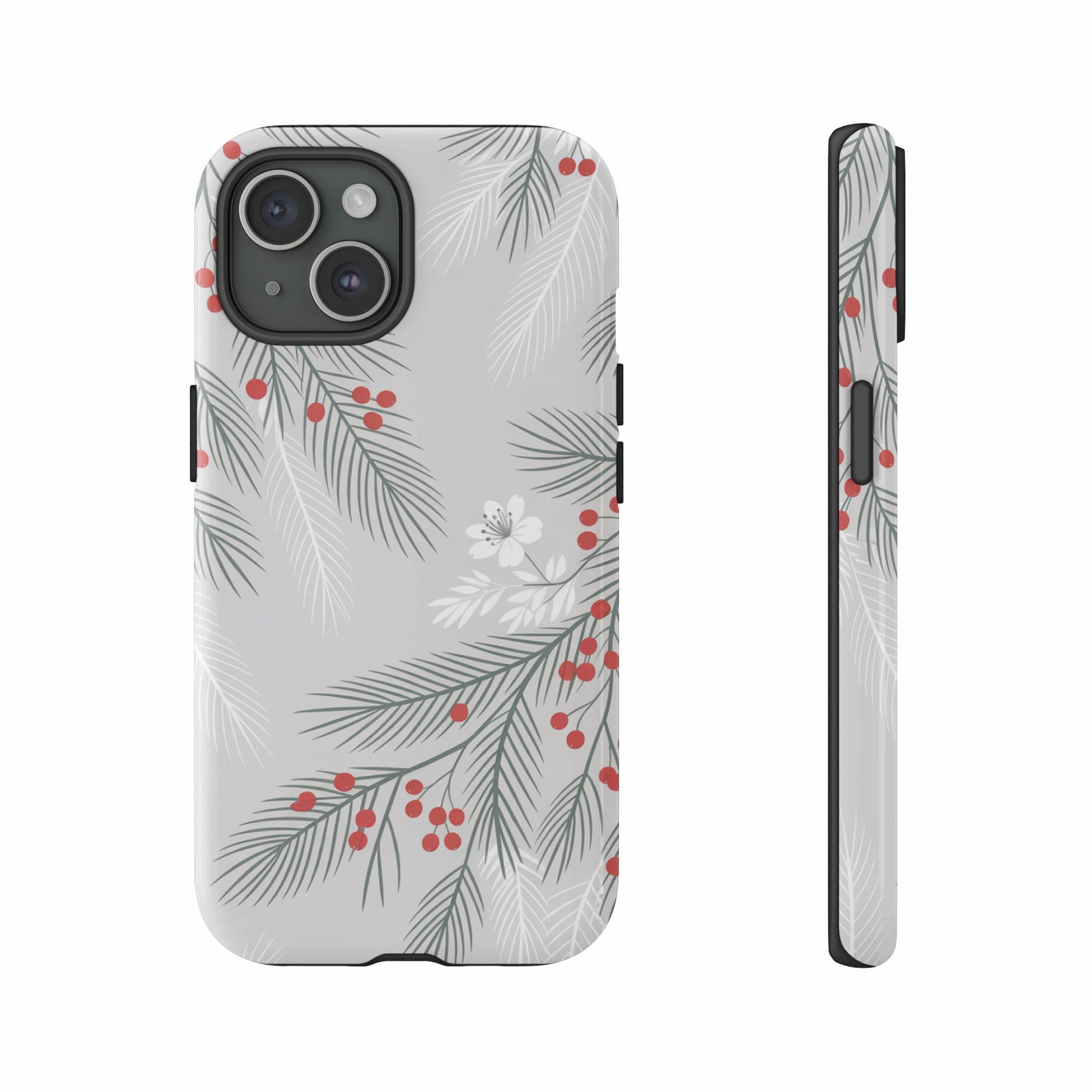 Phone case with a white and gray evergreen branch and berry pattern.