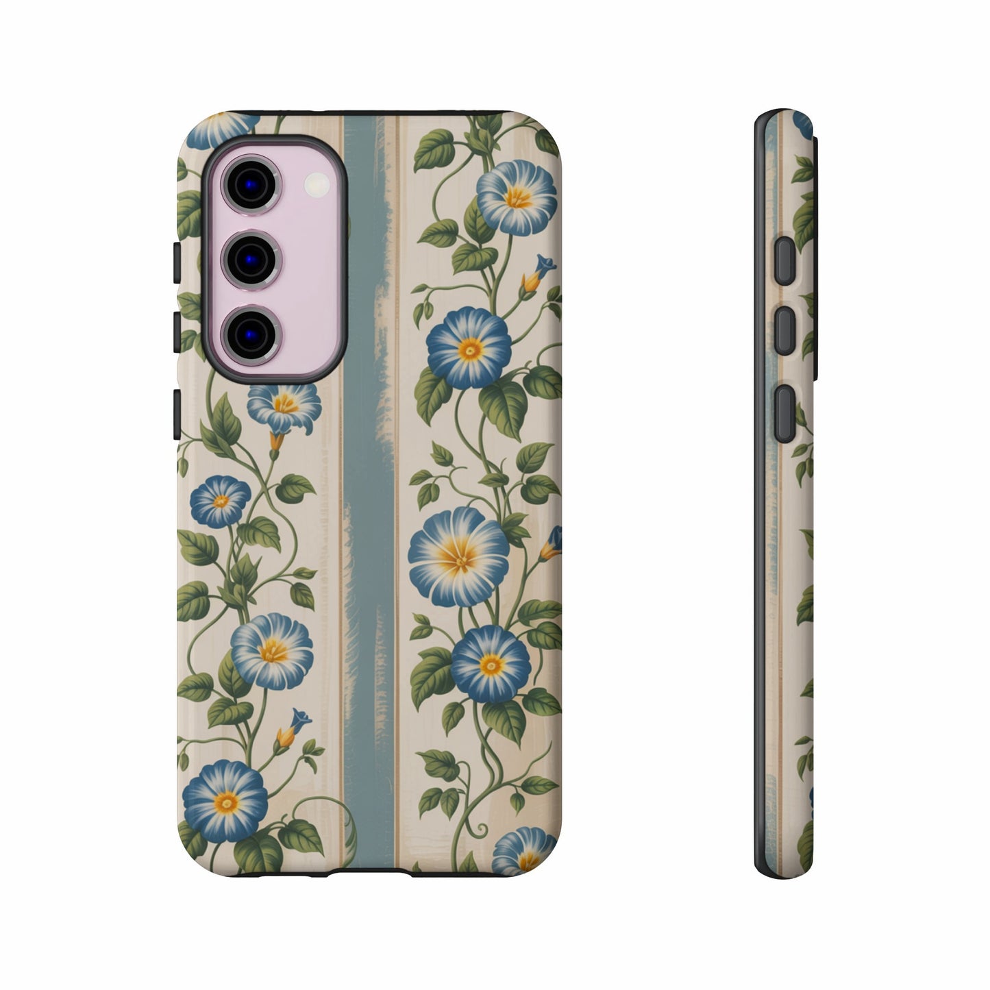 Floral pattern on a white phone case with blue flowers and green leaves.