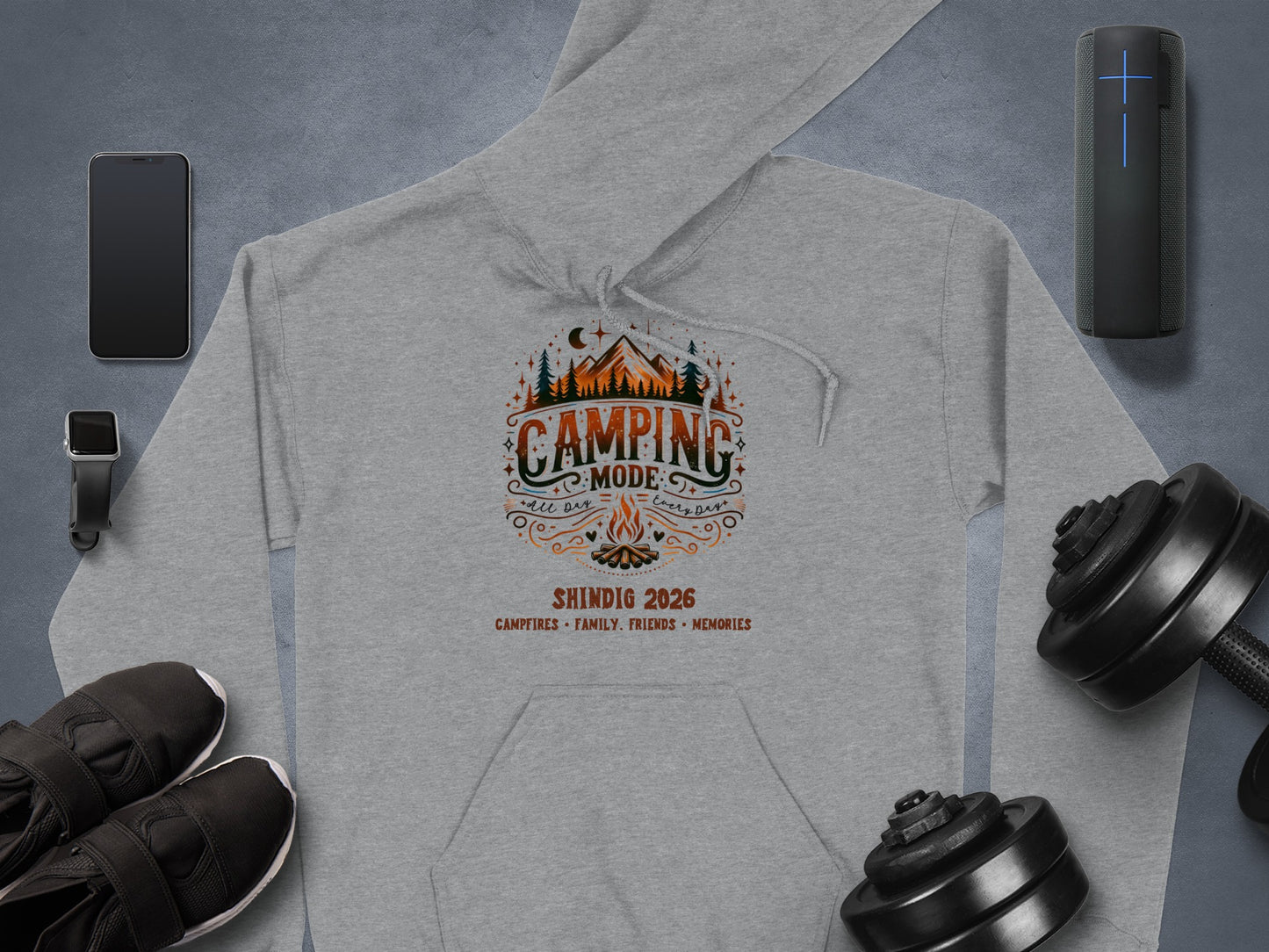 Camping Mode Hoodie with Campfire and Family Theme