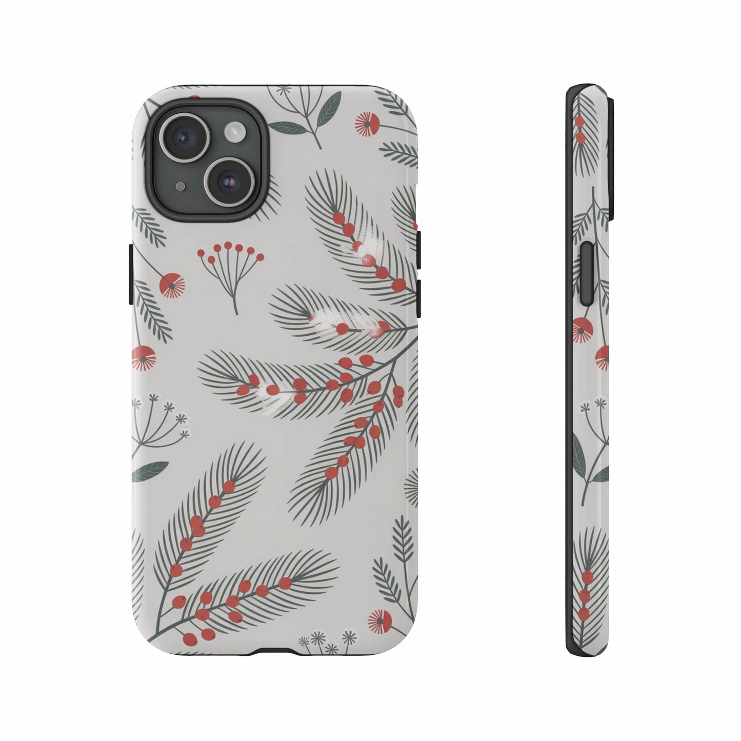iPhone case with a gray background and a festive red berry and green pine needle pattern.