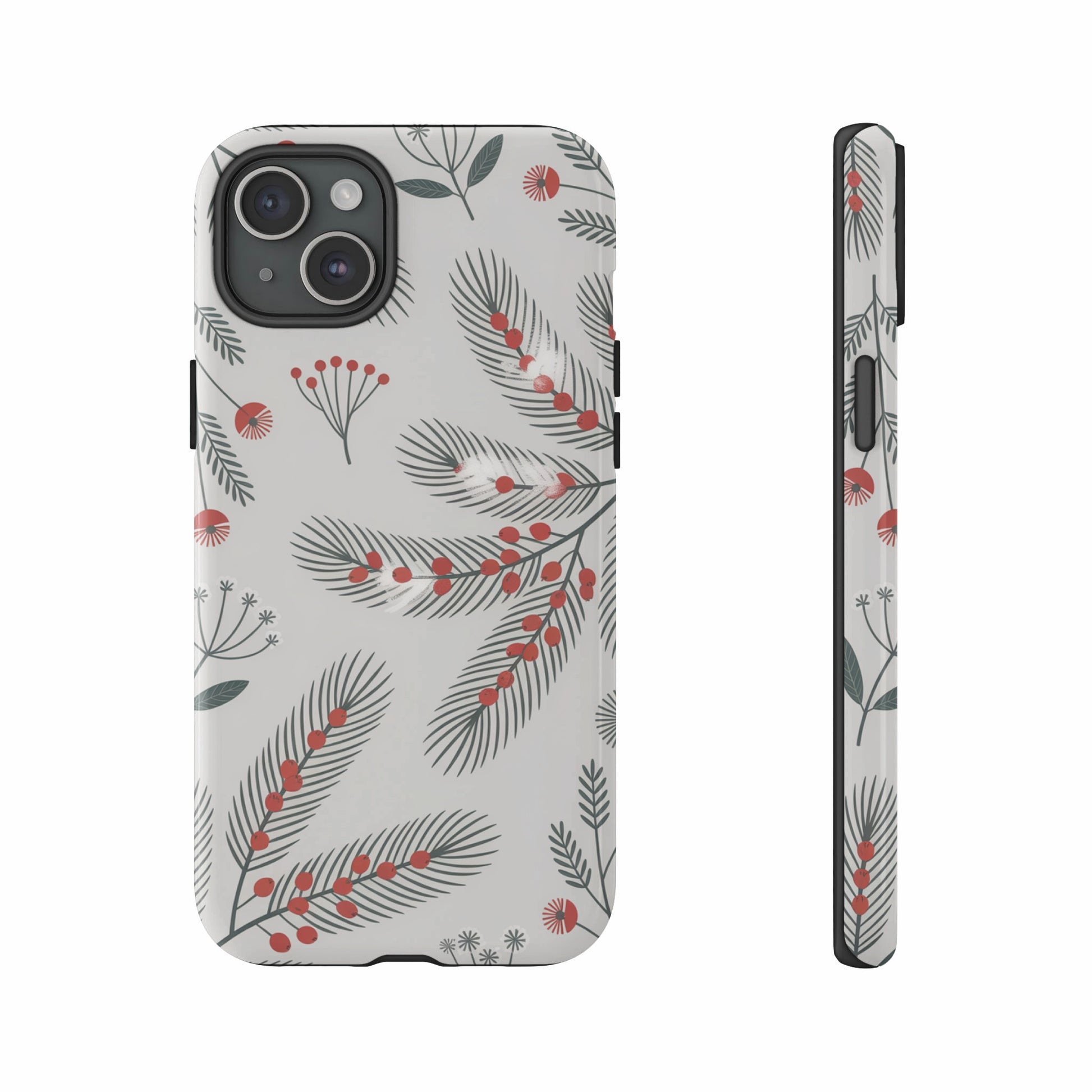 iPhone case with a gray background and a festive red berry and green pine needle pattern.