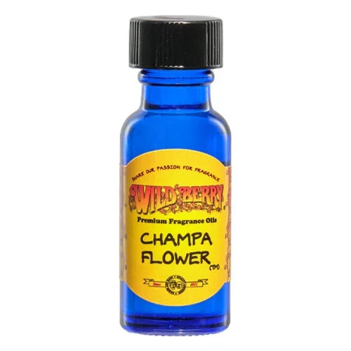Blue bottle of Wild Berry Champa Flower fragrance oil on a white background