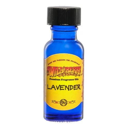 Blue bottle of Wild Berry Lavender fragrance oil on a white background