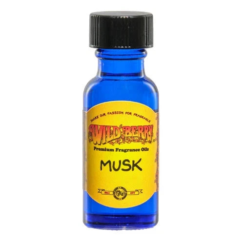 Blue bottle of Wild Berry Musk fragrance oil with a black cap on a white background