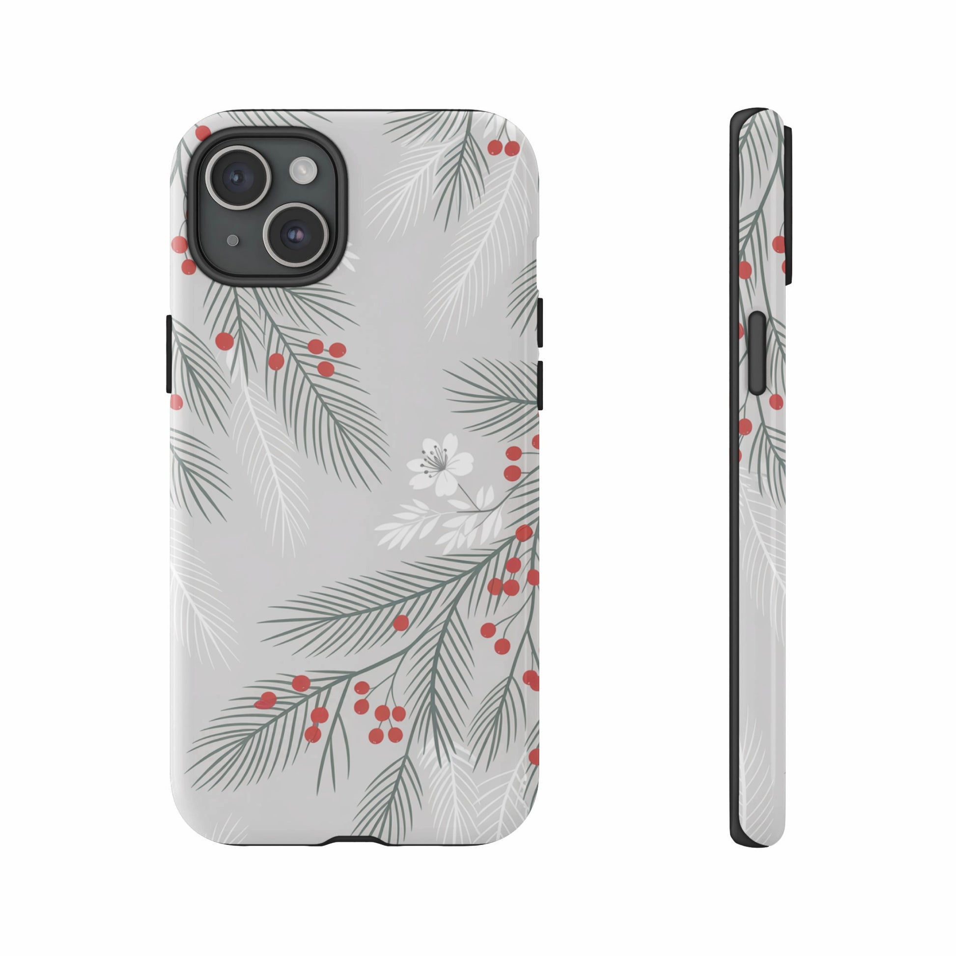 Phone case with red berries and white flowers on a gray background.