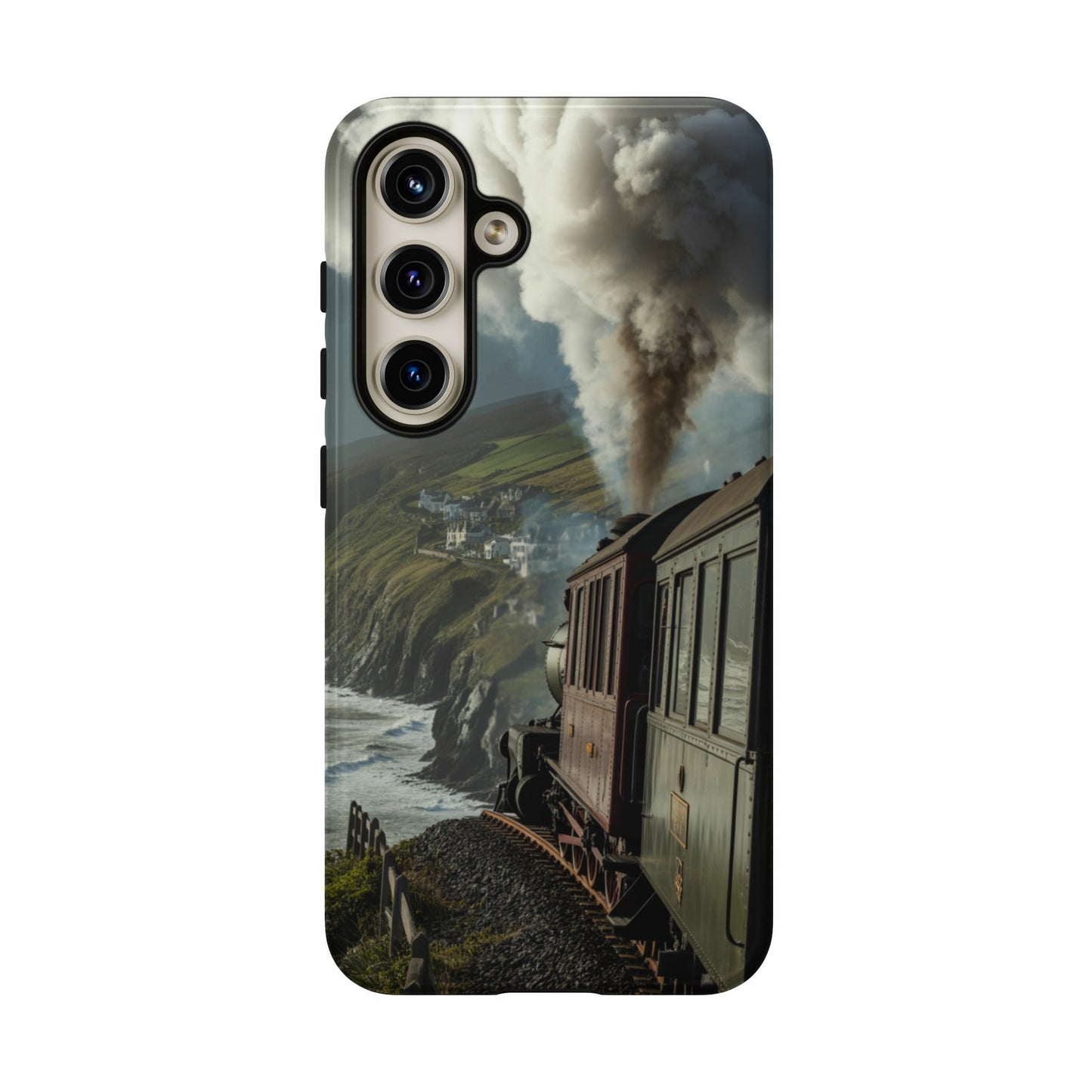 Steam train travels along a coastal track with a village in the background.