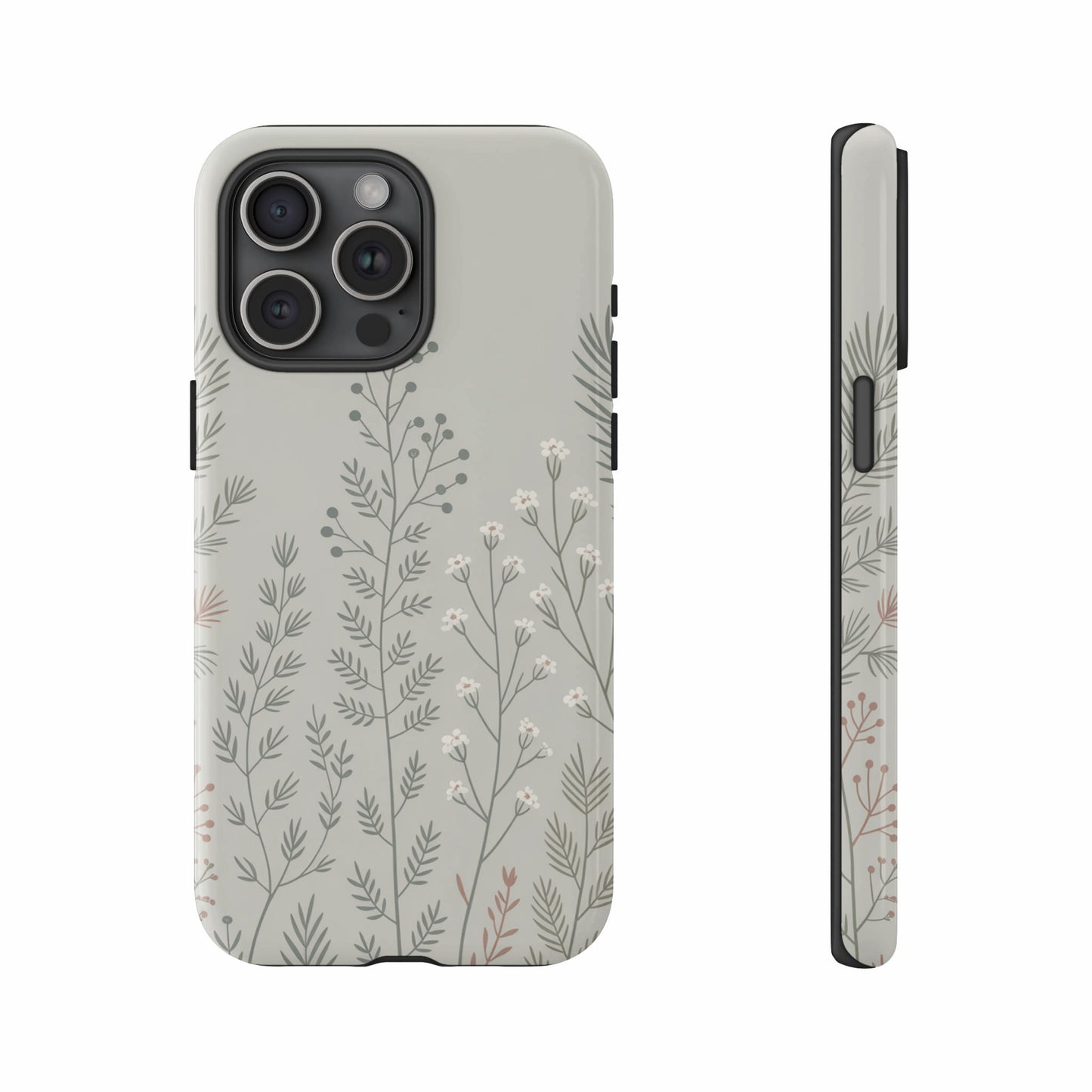 Light gray phone case with delicate floral and leaf pattern.