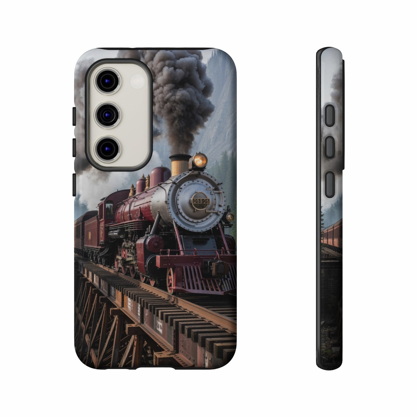 Red steam train on wooden bridge, smoke billowing, side view of phone case.