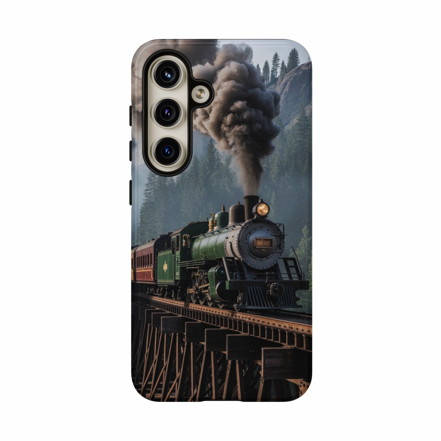 Green steam locomotive crossing a wooden bridge over a forest valley.