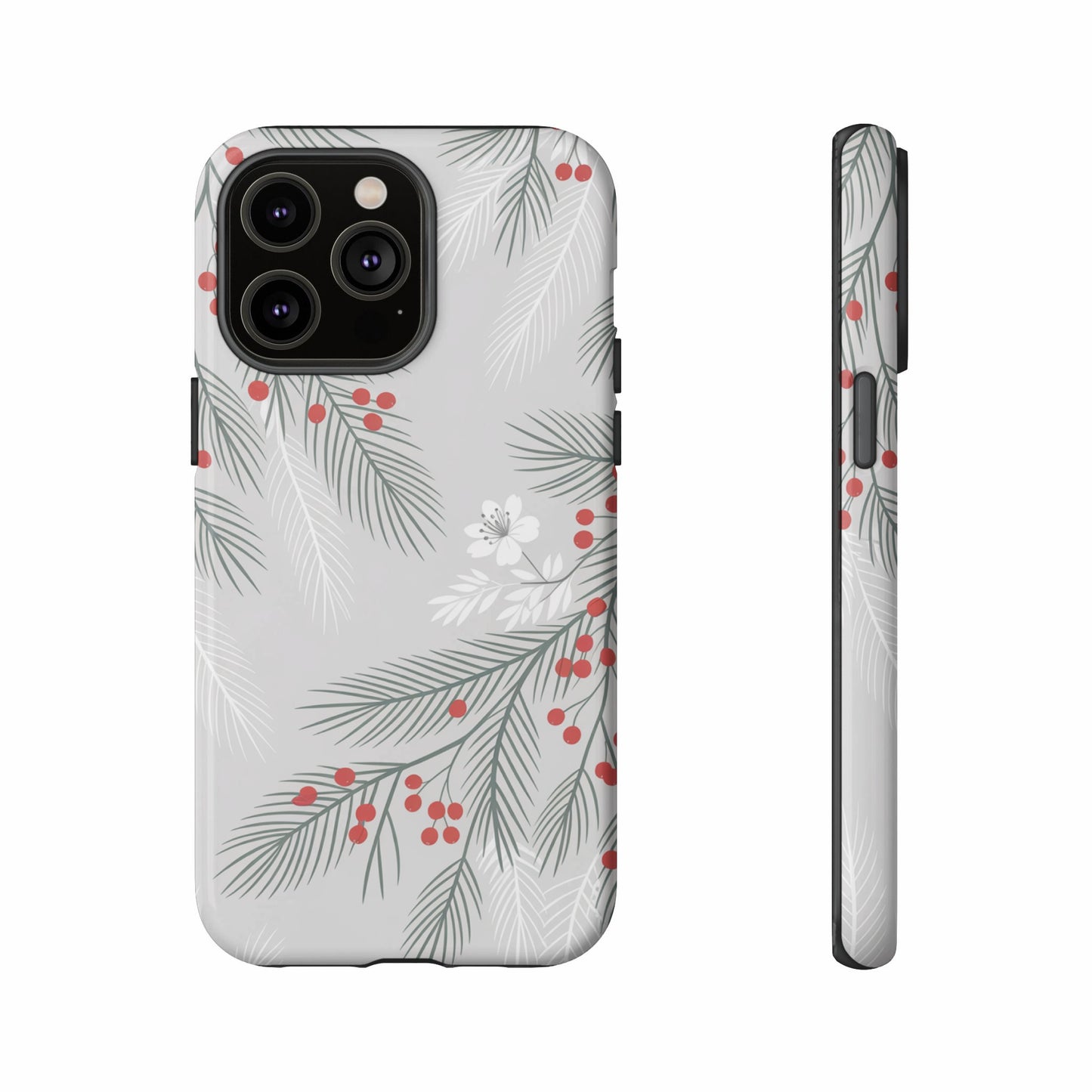 Phone case with a festive grey background featuring green pine needles and red berries.