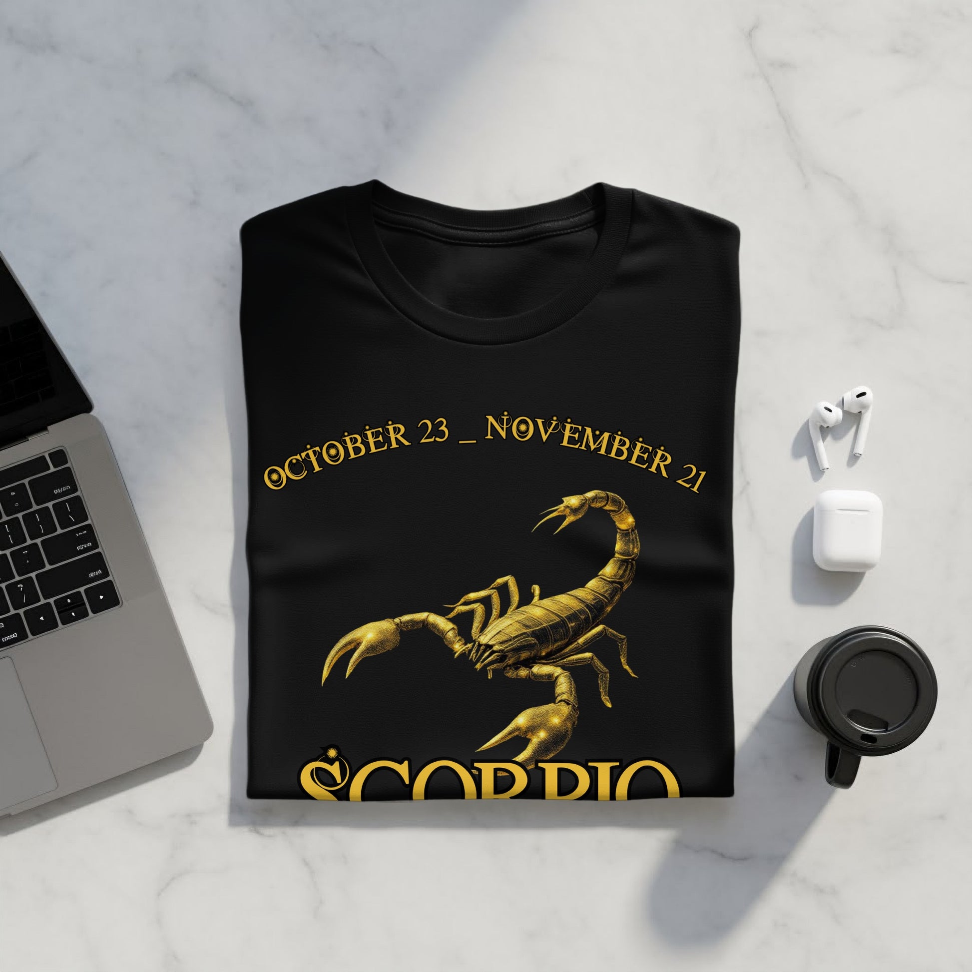 Scorpio Zodiac Sign Black T-Shirt with Gold Scorpion Design