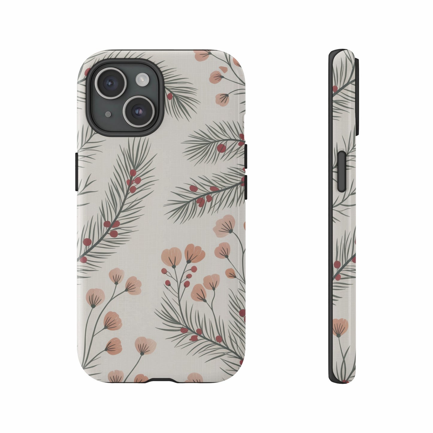 Phone case with a floral pattern of pink flowers and green leaves.