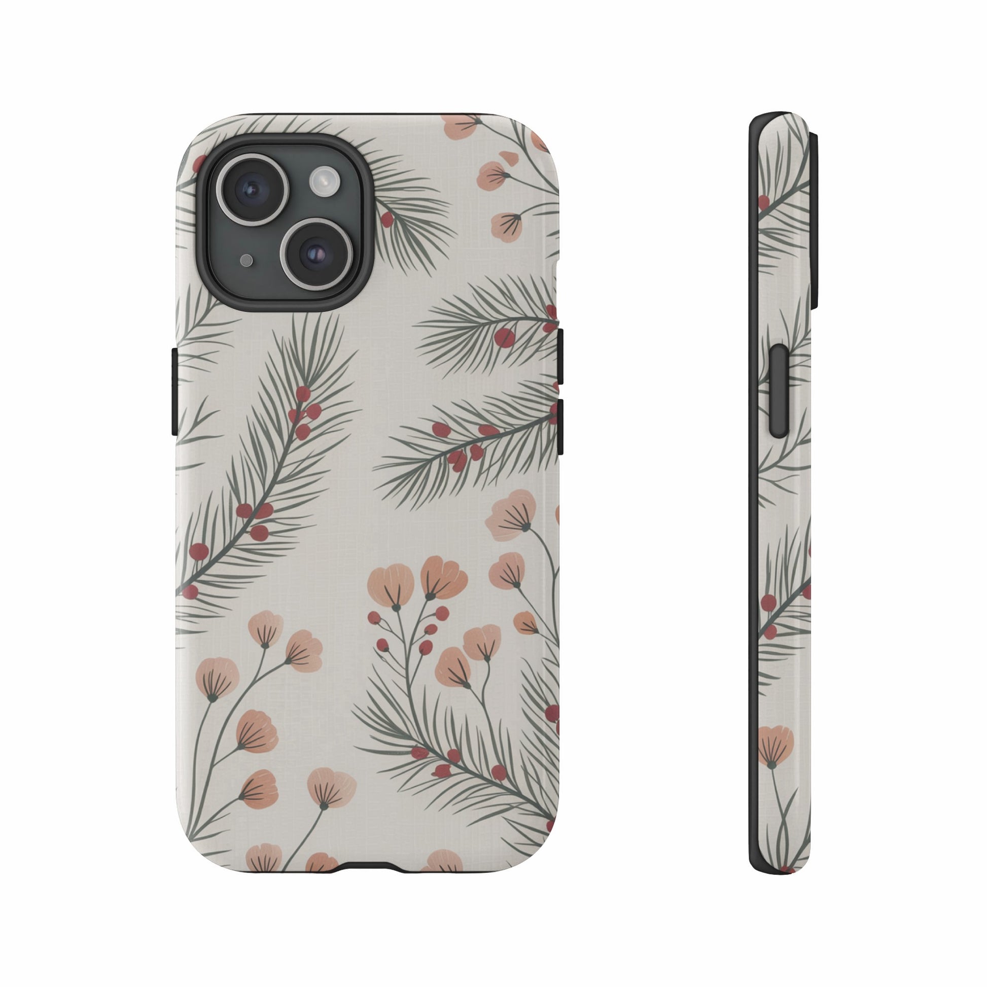 Phone case with a floral pattern of pink flowers and green leaves.