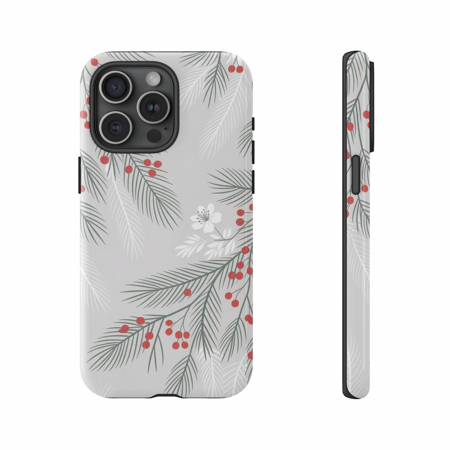 Phone case with gray background, green pine branches, red berries, and white flowers.