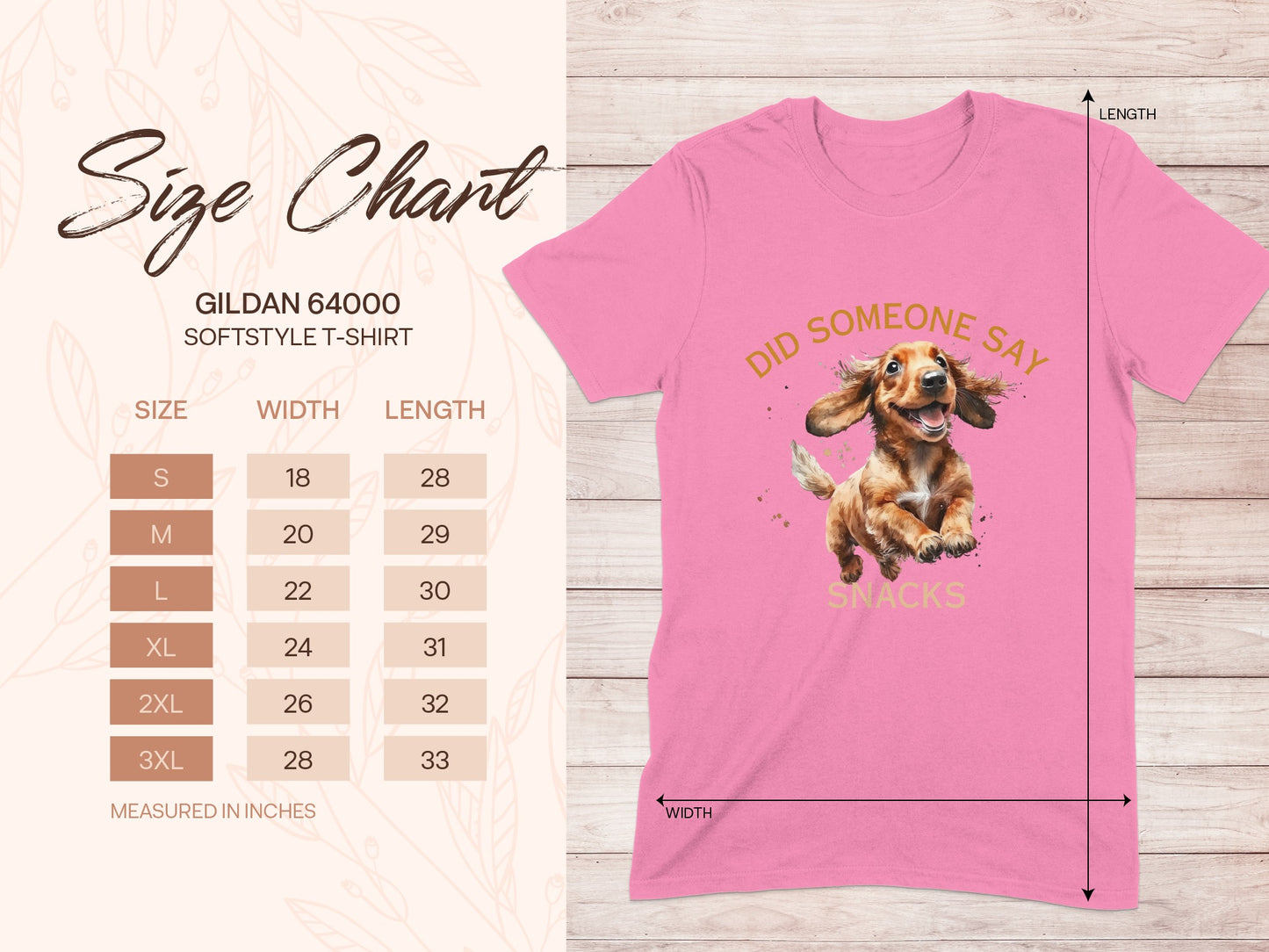 Gildan 64000 softstyle t-shirt size chart with cartoon dachshund graphic.