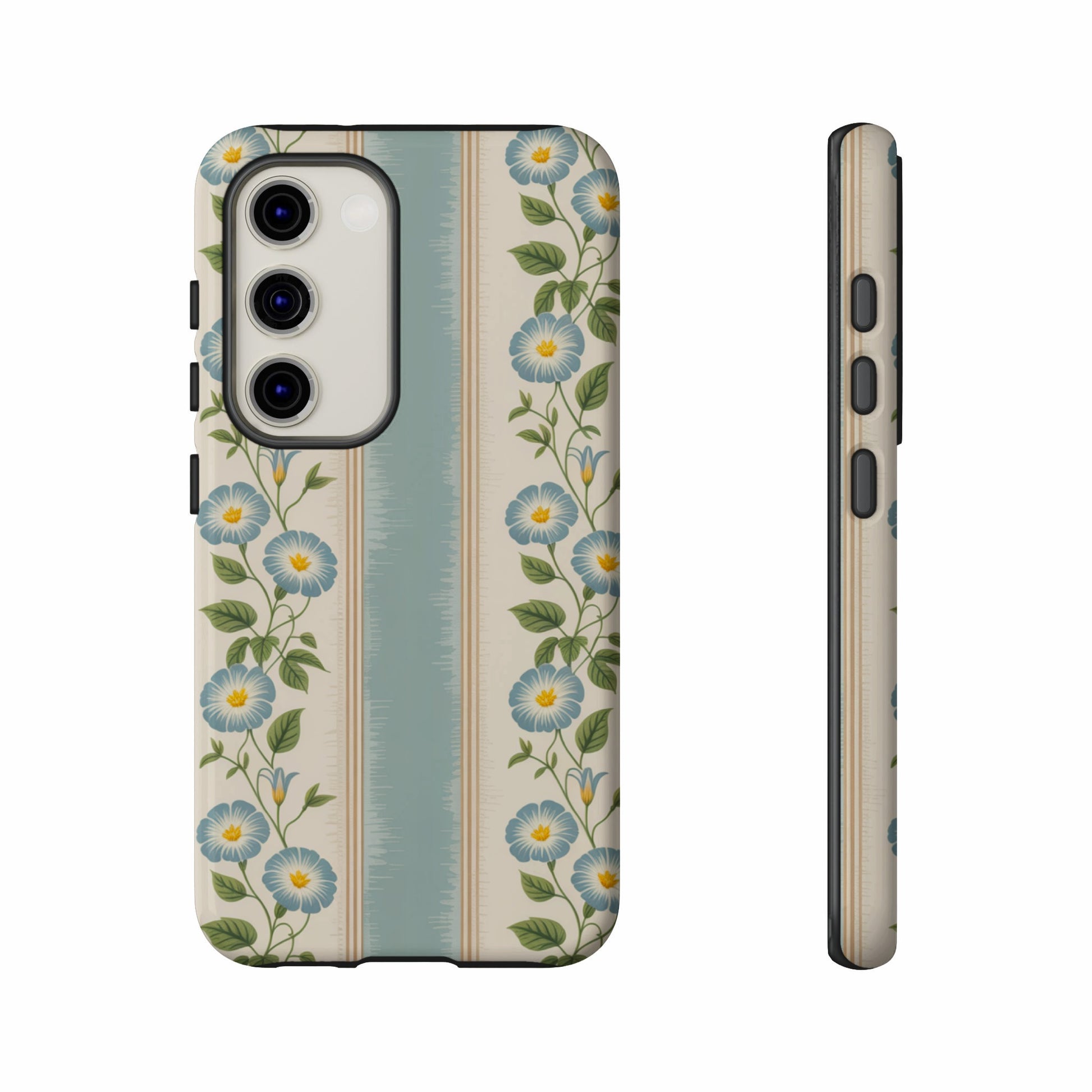 Phone case with blue floral pattern on striped background, front and side view.