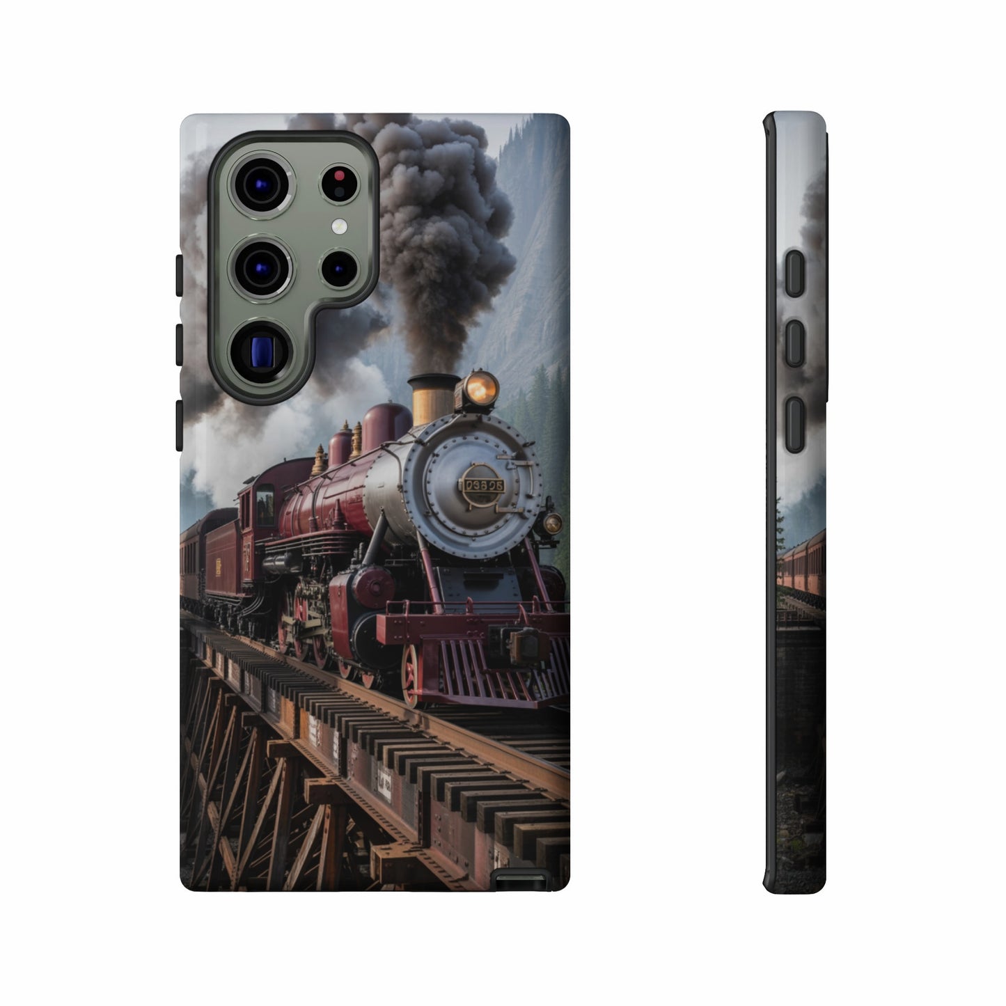 Vintage steam train crossing a wooden bridge with mountains in the background.