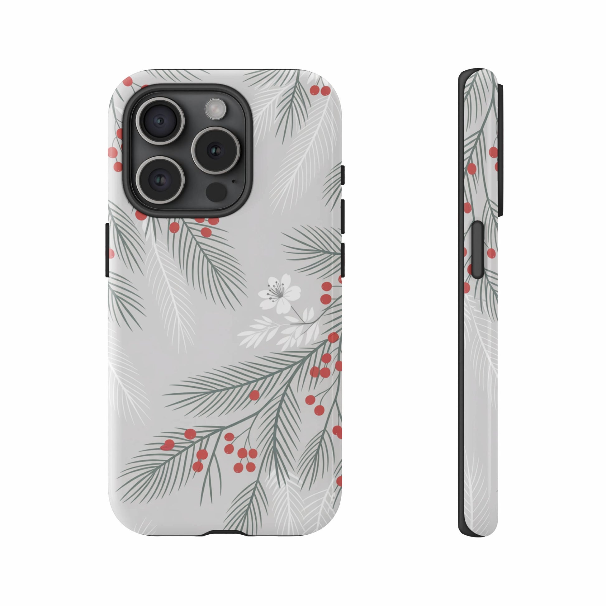 Gray iPhone case with a white pine needle and berry pattern.