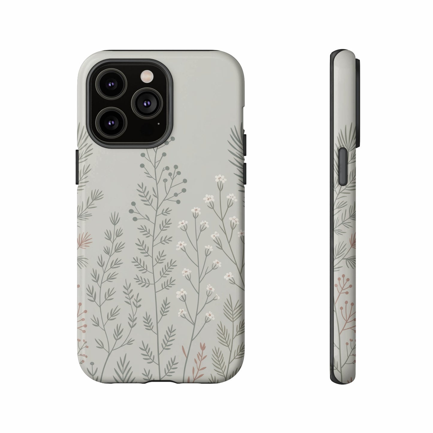 Light gray iPhone case with delicate white and rust-colored floral pattern.