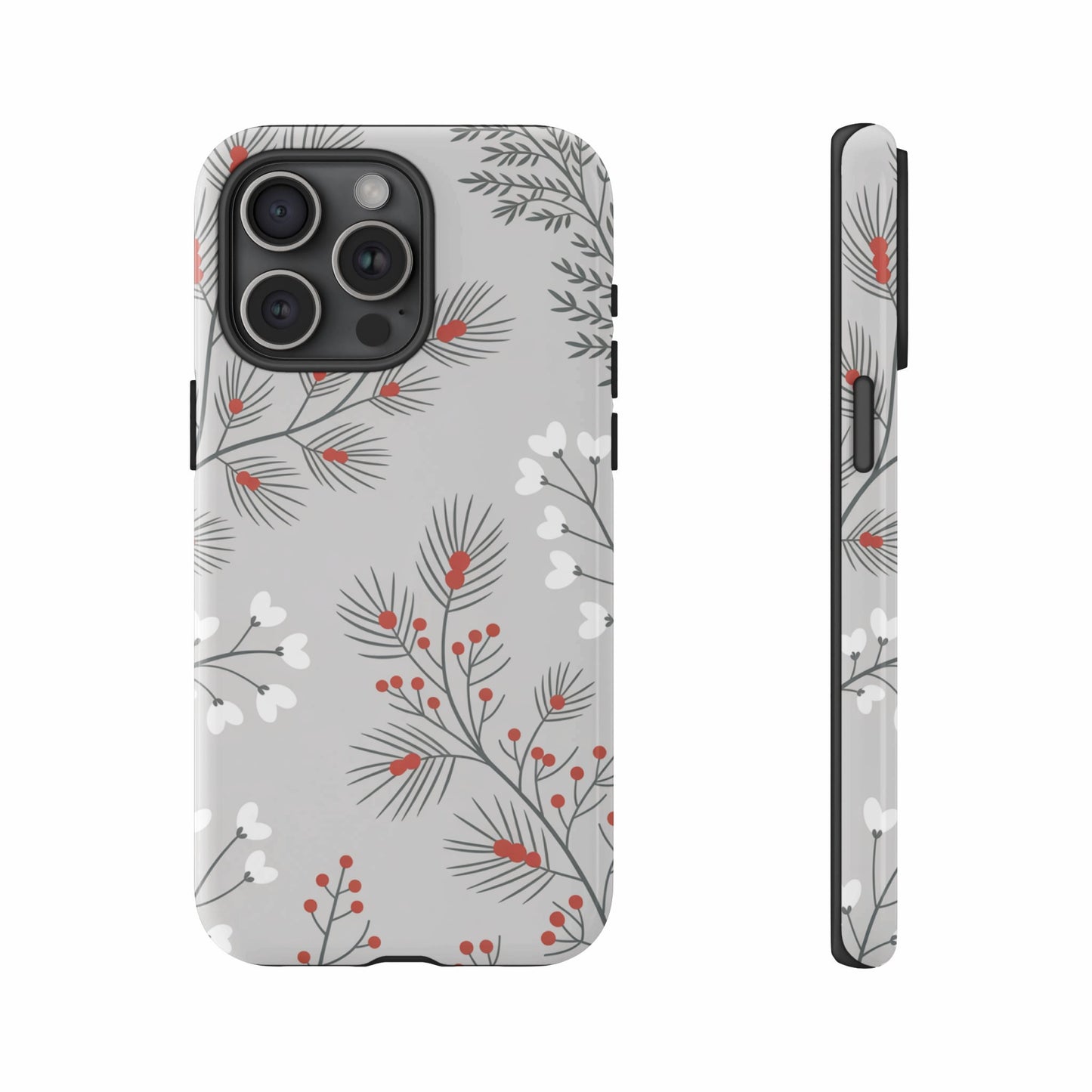 Gray phone case with white and red floral pattern, shown from front and side.